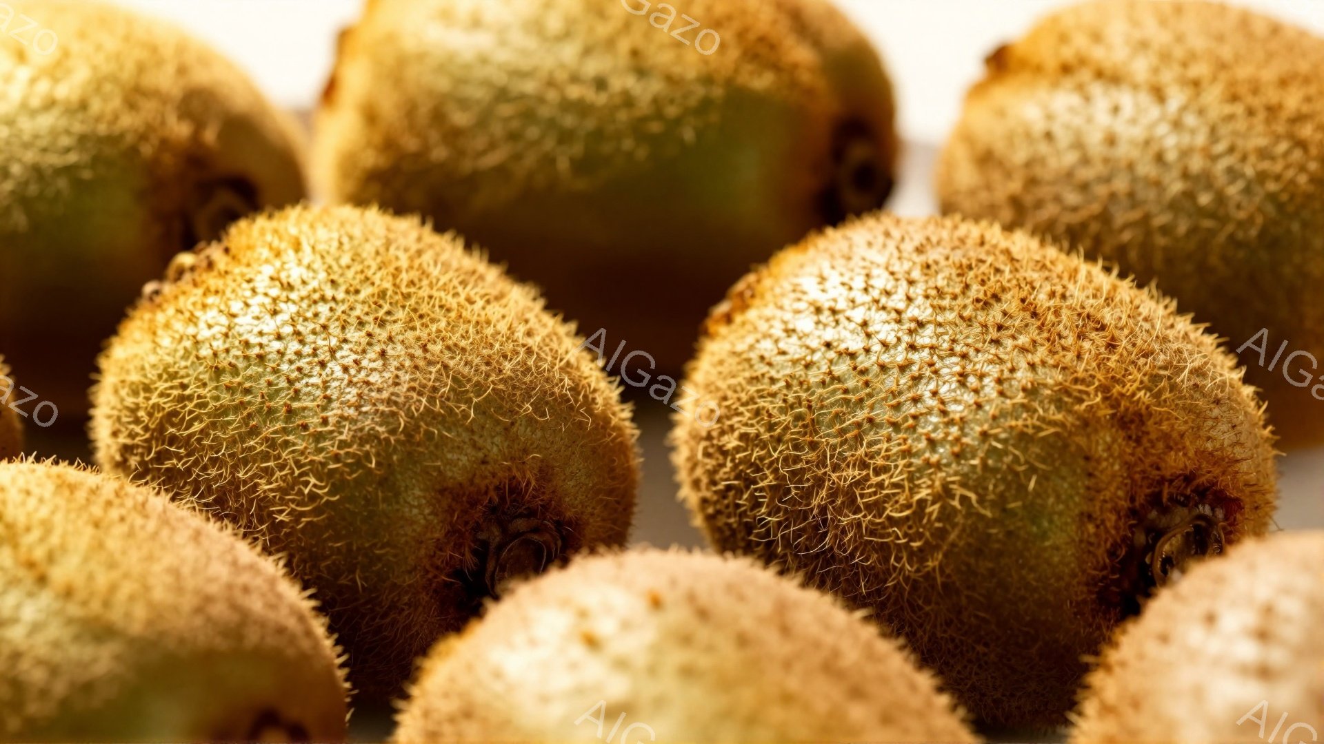 鮮やかなキウイフルーツが密集して写っており、表面の毛のような質感と独特の形状が強調されている。背景は白く、フルーツの色が際立っており、全体的に暖かく自然な雰囲気を感じさせる。キウイフルーツは全体的に丸 - AI生成フリー素材