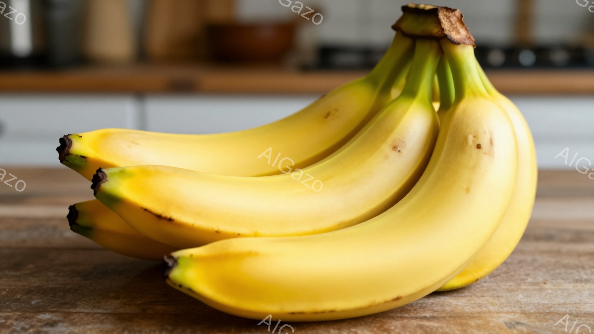 熟したバナナがいくつか、木製のテーブルの上に積み重ねられています。明るい黄色が特徴で、ところどころに茶色い斑点が見られ、完熟していることがわかります。背景にはキッチンの一部が見え、暖かく家庭的な雰囲気を醸し出しています。