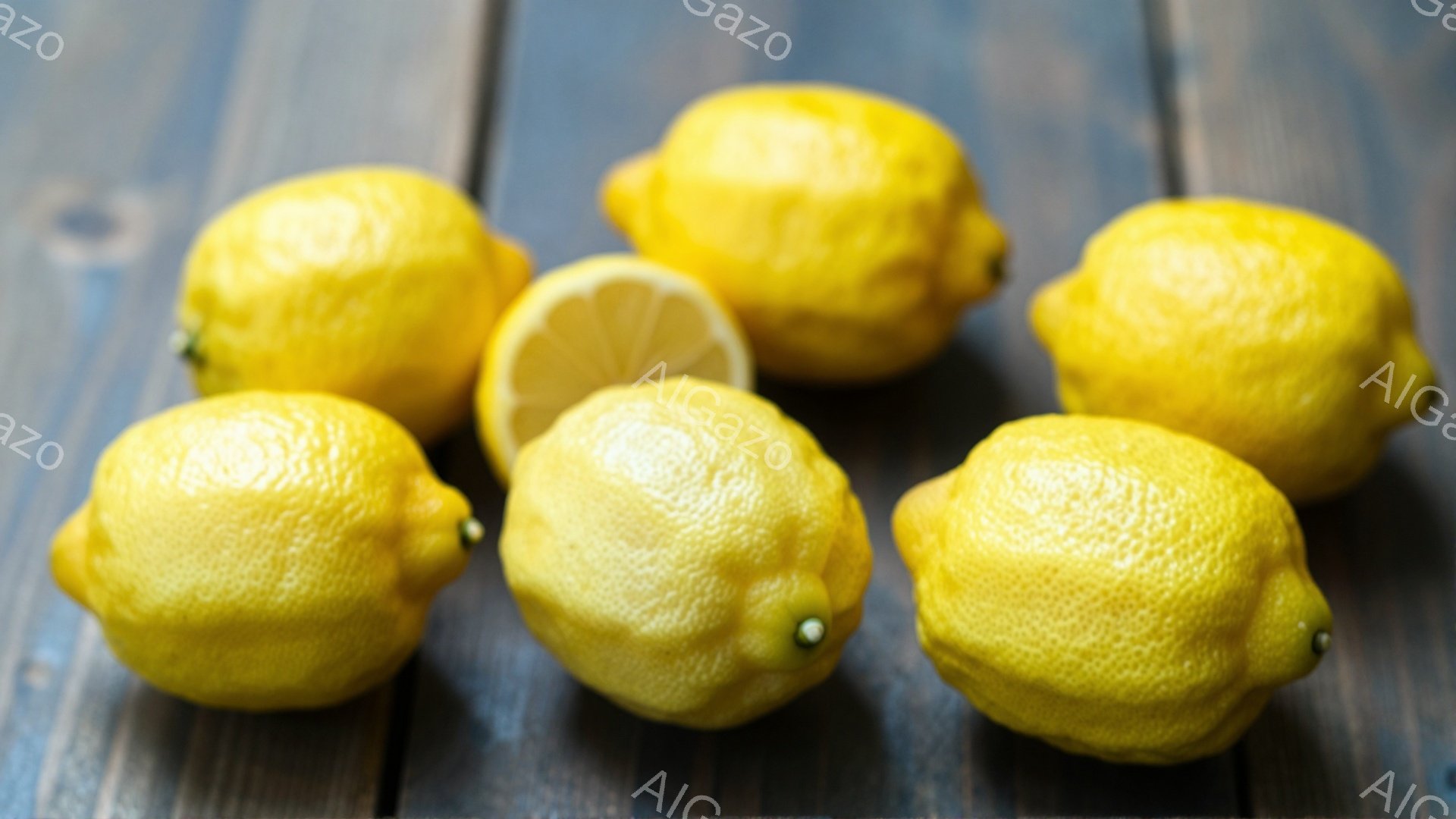 画像には、木製のテーブルの上に置かれた複数のレモンが写っています。鮮やかな黄色のレモンは、自然な質感と光沢があり、そのうちの一つは半分にカットされて中の果肉が見えています。 全体的に、明るく爽やかな印象を与える静物画です。