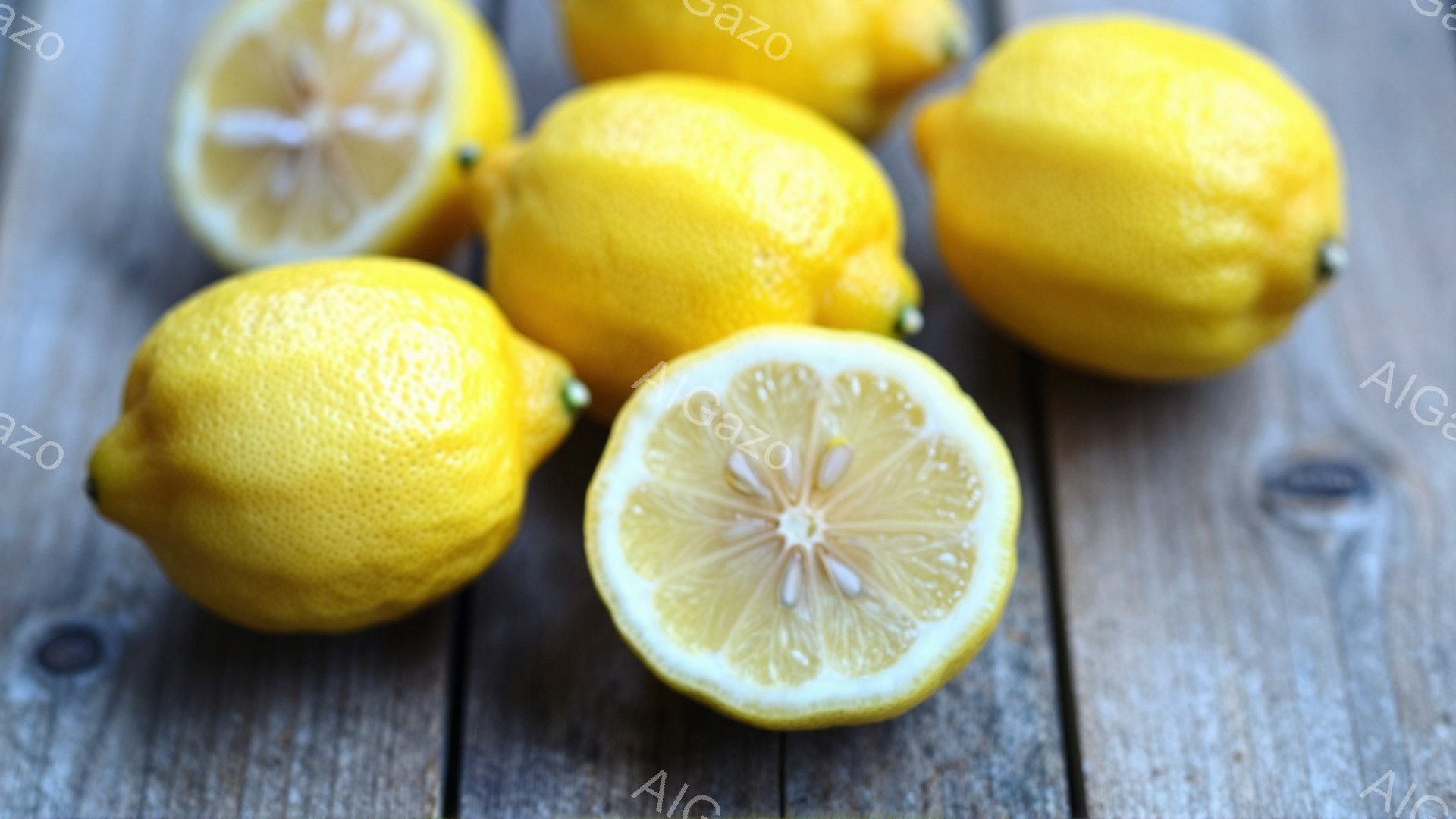 鮮やかな黄色のレモンが、古びた木の板の上に置かれています。そのうちの一つは半分に切られており、果肉の断面が露わになっています。全体的に、シンプルで自然な雰囲気で、レモンの明るい色合いが印象的です。 - AI生成フリー素材