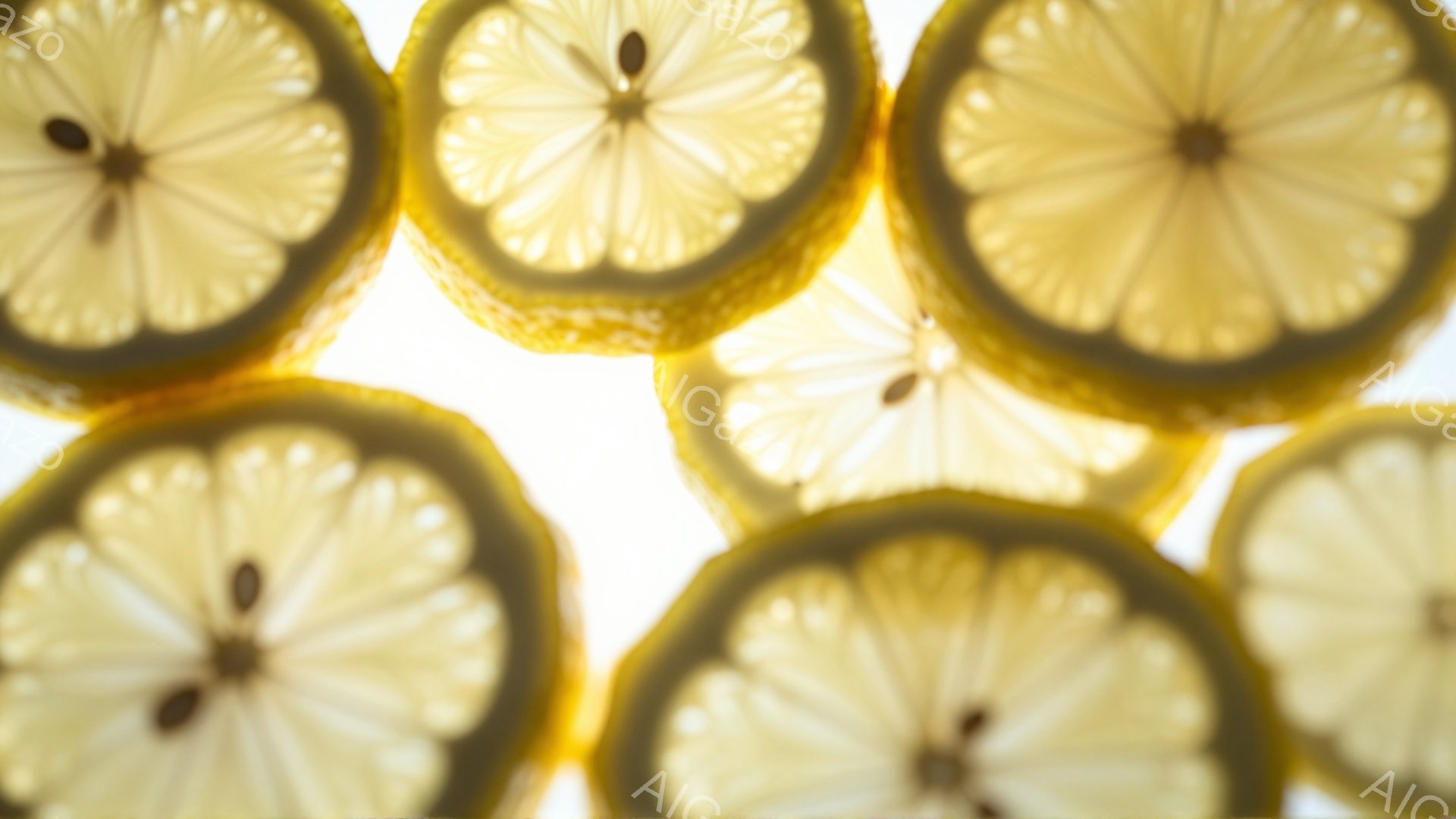 鮮やかなレモンスライスが、まるで花のように円形に配置されています。背景は白く光り輝いており、レモンの黄色が際立ち、爽やかな印象を与えます。全体的に、明るく、清潔で、健康的なイメージを喚起する写真です。