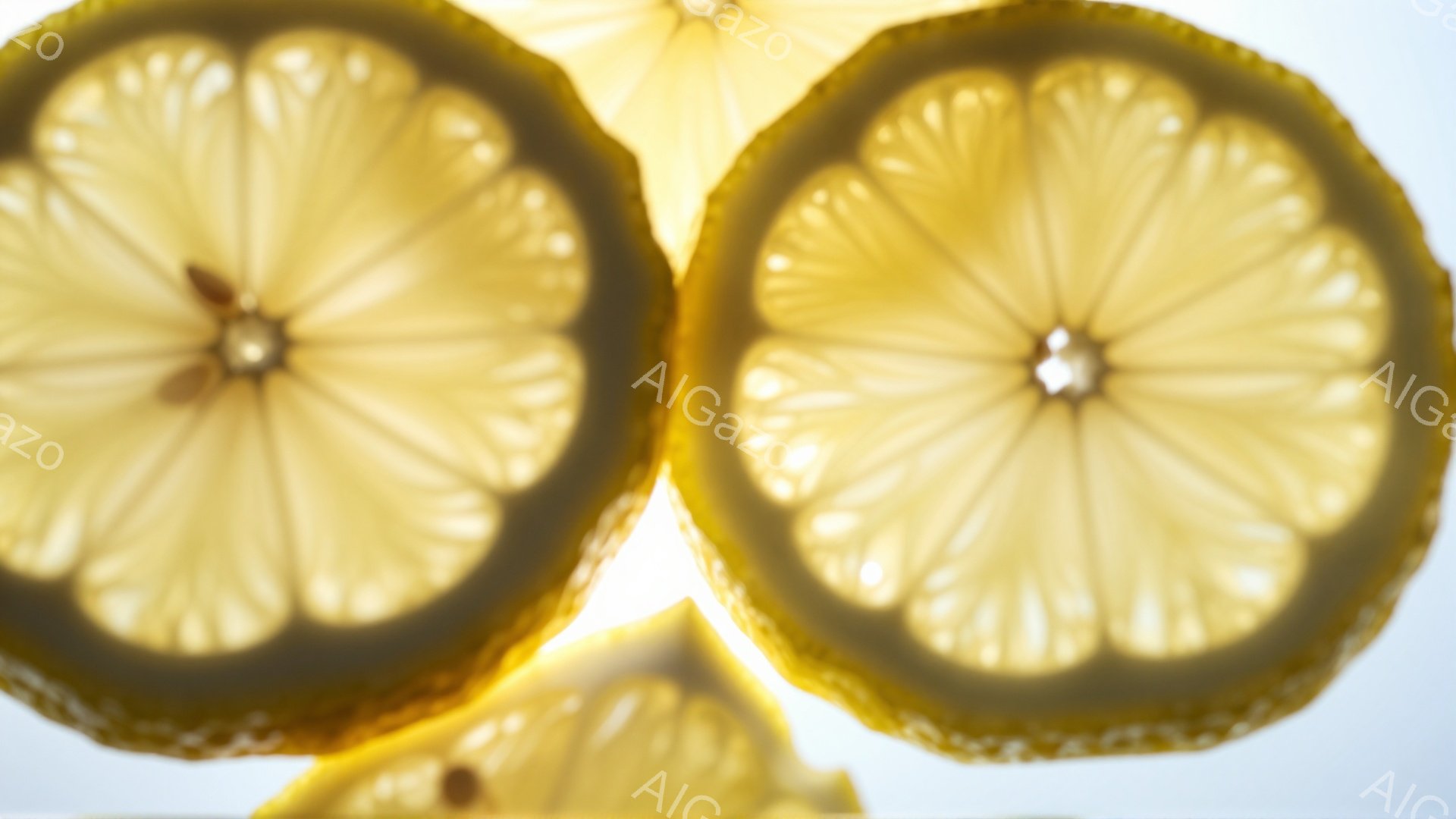 画像はレモンのスライスが複数、放射状に配置されたクローズアップ写真です。レモンの果肉の繊細な模様と、光が透過して生まれる明るい黄色が印象的です。背景は白く、焦点が浅いため、レモンのテクスチャが際立って - AI生成フリー素材