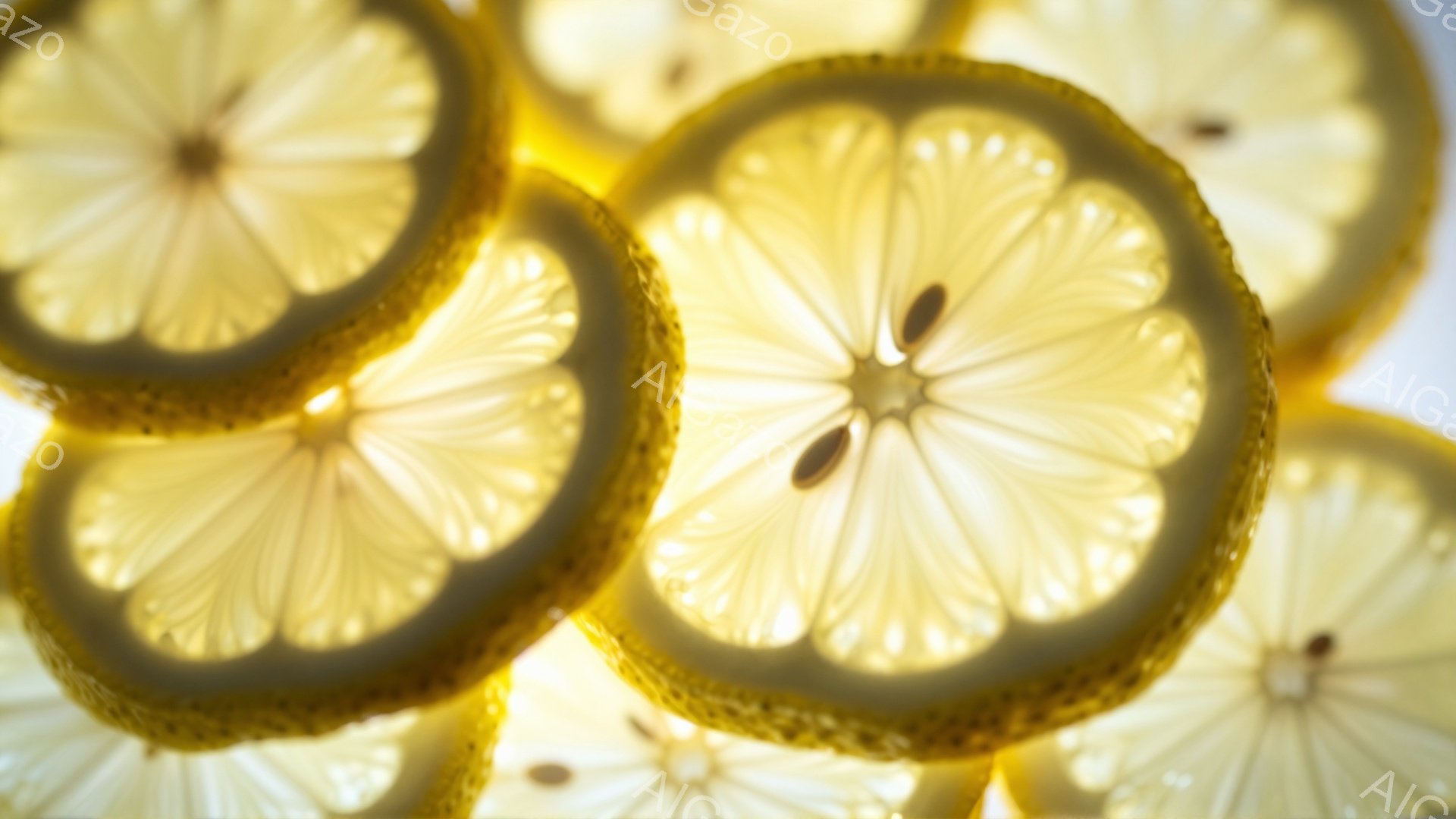 レモンのスライスが重なり合い、明るい光に照らされています。果肉の鮮やかな黄色と、種子の黒い点が際立っており、背景は白くぼやけています。全体的に爽やかで、フレッシュな印象を与えるクローズアップ写真です。 - AI生成フリー素材