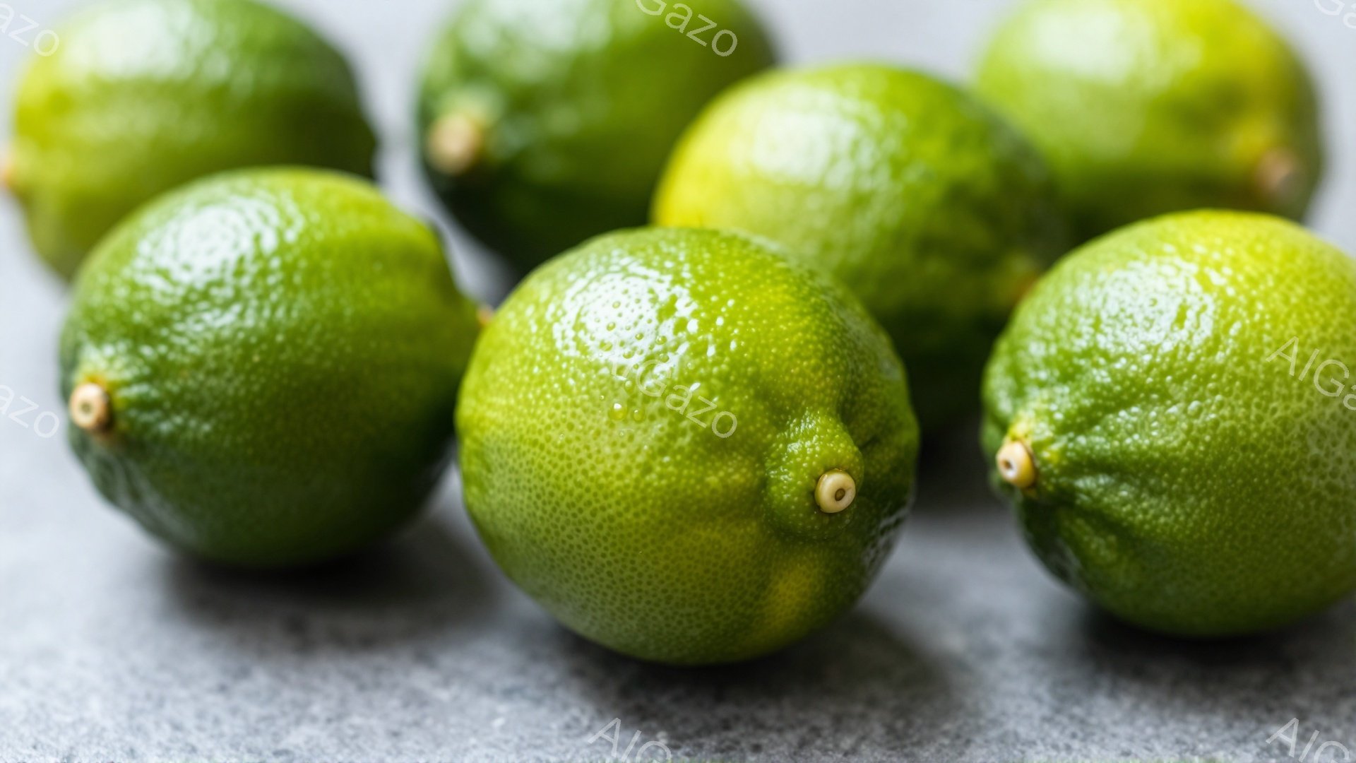 鮮やかな緑色のライムが、ざらざらとしたグレーの背景の上にいくつか並べられています。ライムはそれぞれ少しずつ形が異なり、表面には細かい凹凸が見られます。全体的に爽やかで、フレッシュな印象を与える写真です。