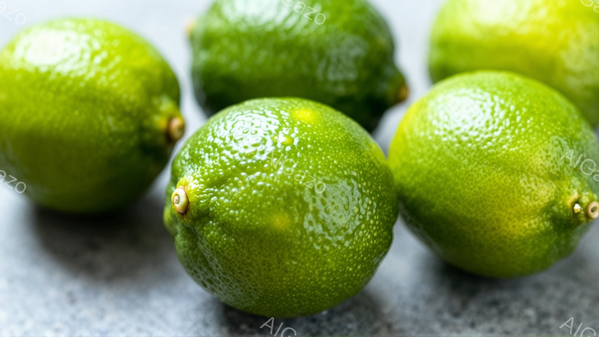 画像には、表面に水滴が付いたライムが4つ写っています。ライムは鮮やかな緑色で、わずかに不規則な形をしています。背景はグレーのテクスチャード加工された表面で、ライムの色を際立たせています。 - AI生成フリー素材