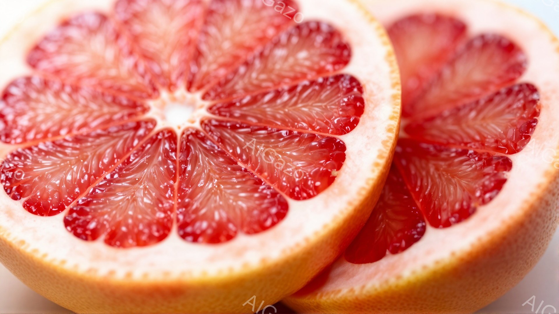 画像は半分に切られたグレープフルーツのクローズアップです。果肉は鮮やかな赤色で、種が点在しています。背景は白く、フルーツのコントラストが際立っています。 - AI生成フリー素材