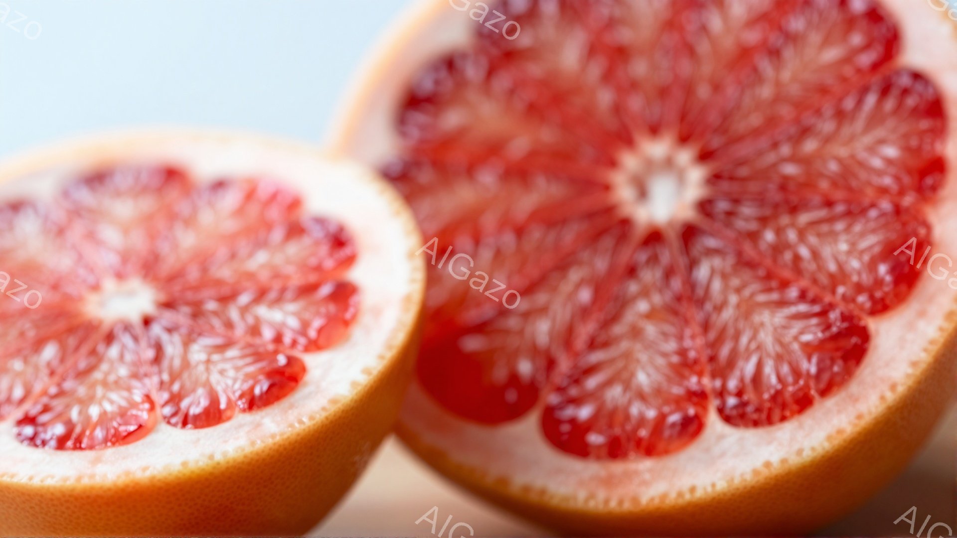 画像は、半分にカットされたグレープフルーツ2つが並んだクローズアップ写真です。果肉は鮮やかな赤色で、種が点在しており、みずみずしい様子が伝わってきます。背景はぼかされており、木製の台のようなものがわず - AI生成フリー素材