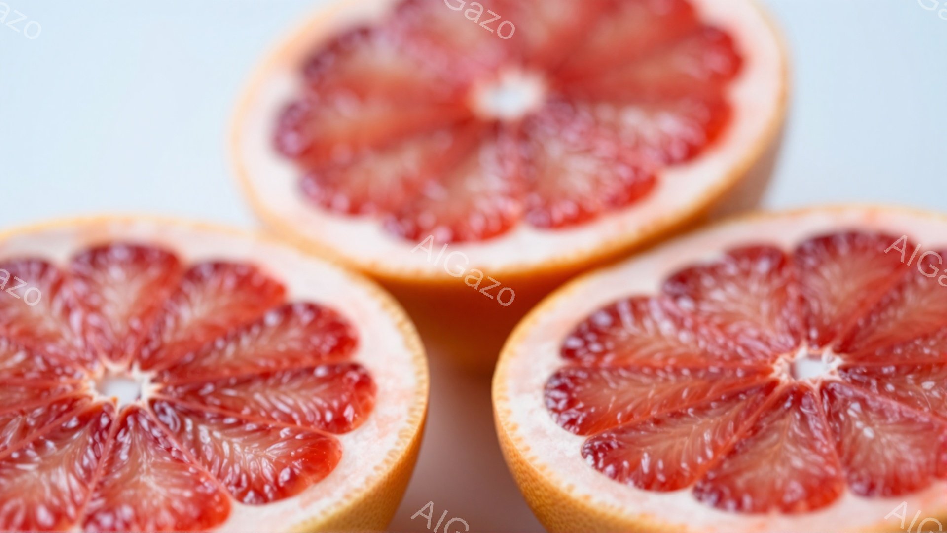画像は、半分に切られた3つのグレープフルーツのスライスを捉えています。果肉は深紅色で、種子がわずかに見え、水分を含んでジューシーに見えます。背景は白く、果物の鮮やかな色が際立っており、全体的に爽やかで - AI生成フリー素材