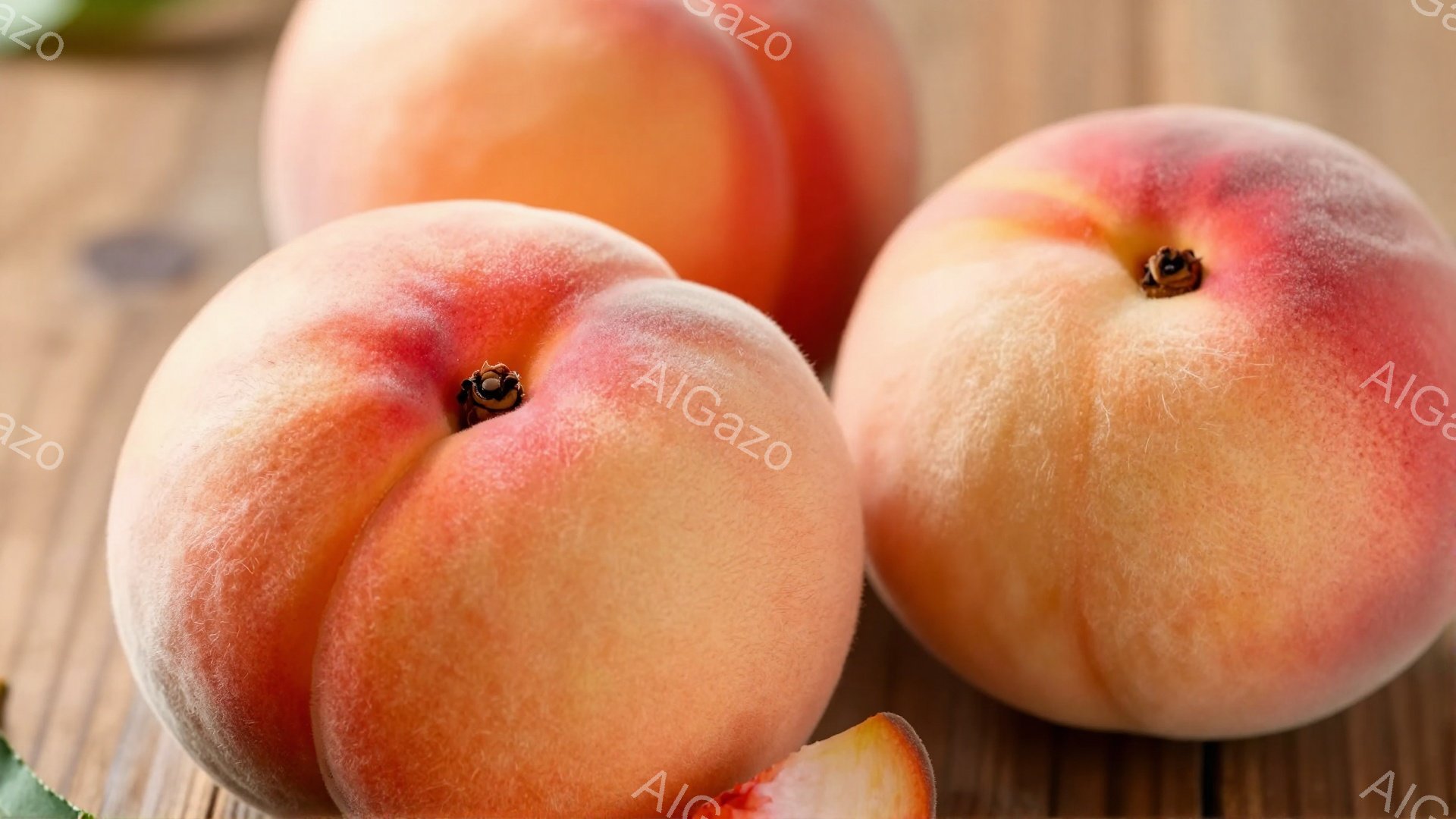 鮮やかなオレンジとピンクが混ざり合った桃が二つ、籐のような質感の背景に並んでいます。桃は丸みを帯びており、表面はうぶ毛で覆われ、瑞々しい果汁を湛えているように見えます。切りかけの桃がわずかに見え、全体 - AI生成フリー素材