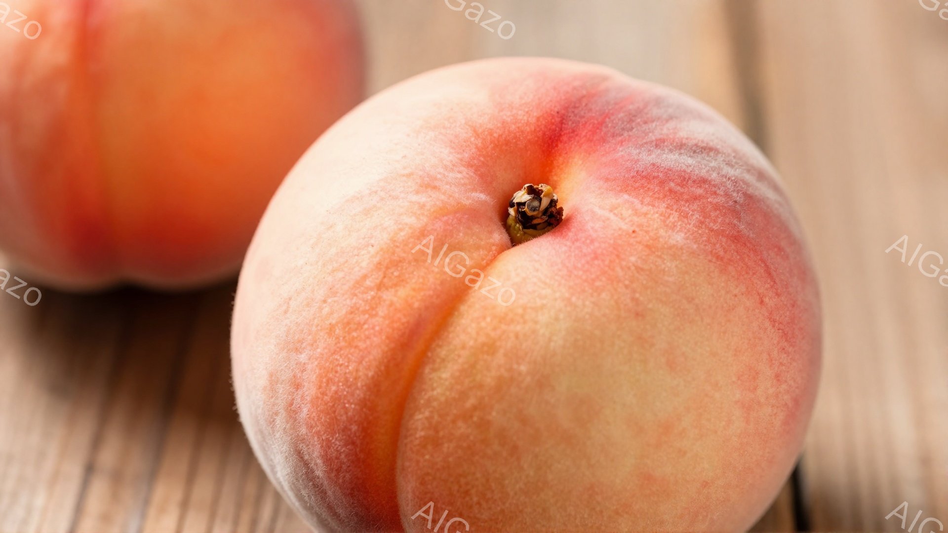 画像は、2つの桃が木製のテーブルの上に置かれている様子を捉えています。手前の桃は焦点が合っており、赤とオレンジ色が混ざった鮮やかな色合いが際立っています。背景はぼやけており、桃の自然な色と質感が強調さ - AI生成フリー素材