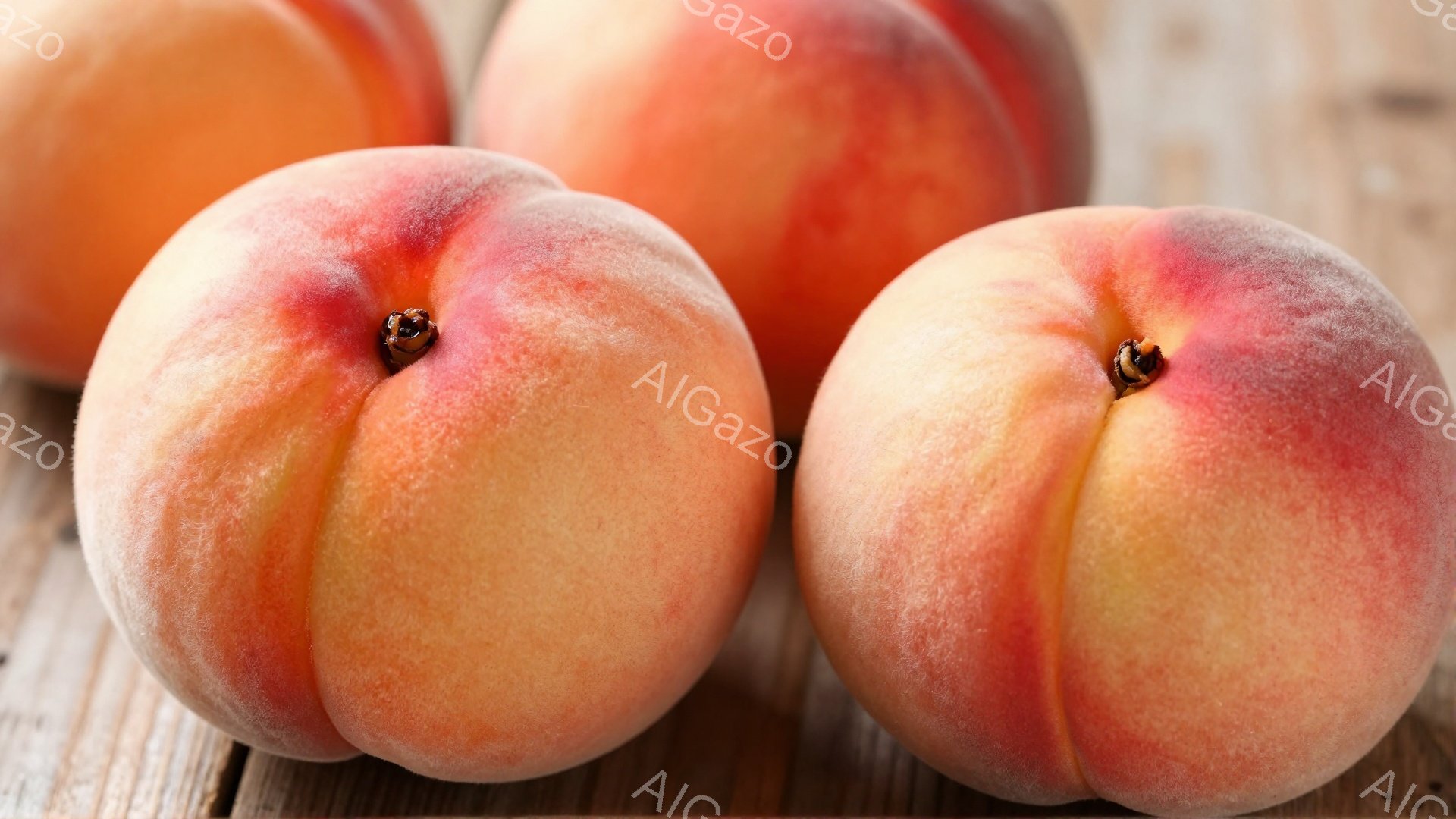 鮮やかなオレンジと赤のグラデーションが美しい桃が３つ、粗い木製のテーブルの上に並べられています。桃はそれぞれ丸みを帯びており、表面は産毛で覆われ、瑞々しさを感じさせます。背景の木製のテーブルは、桃の自 - AI生成フリー素材