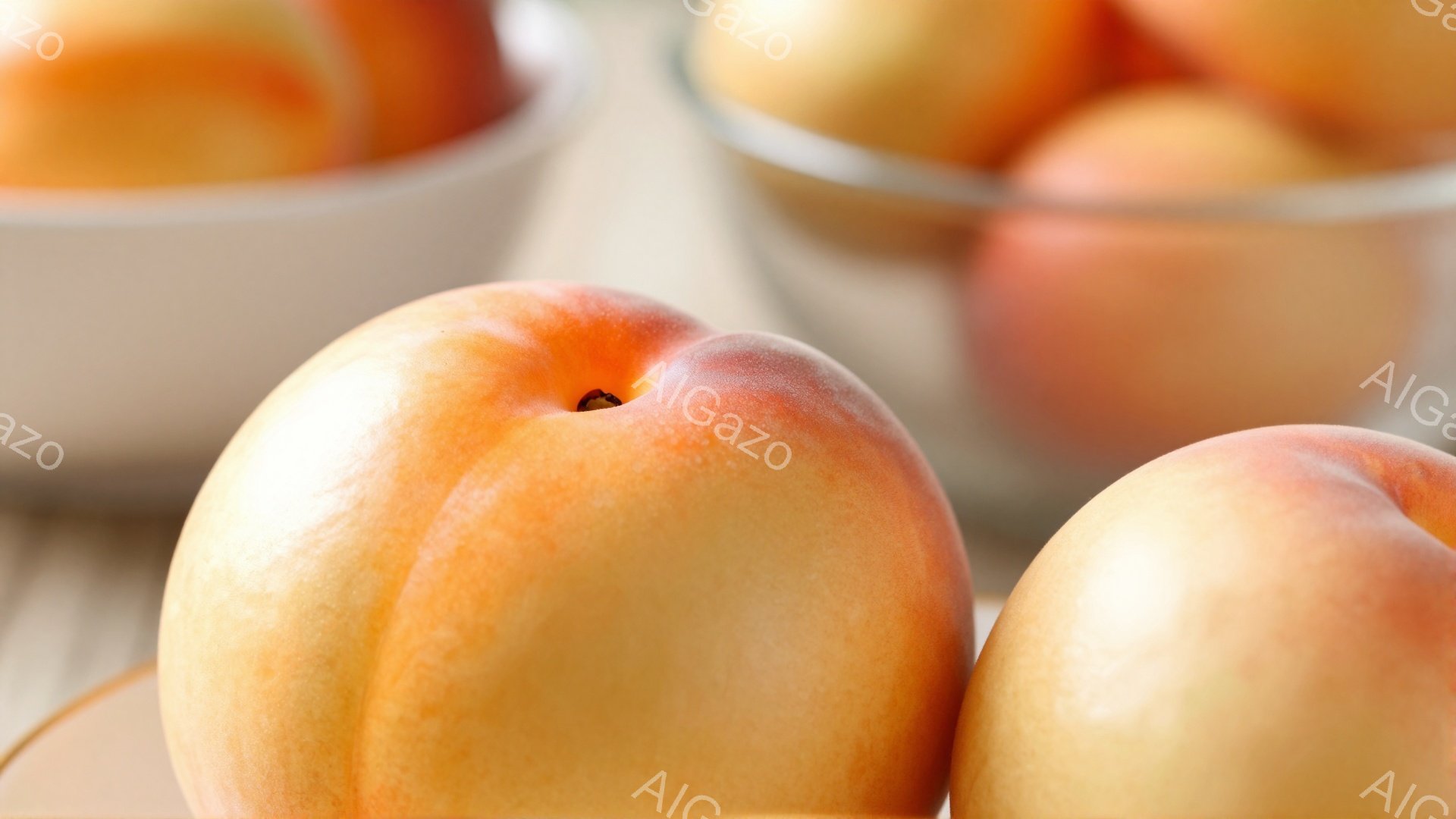 鮮やかなオレンジとピンクの色合いが特徴的な桃が、クローズアップで写っています。桃は丸みを帯びた形で、表面にはうっすらとした産毛が見られ、美味しそうに見えます。背景には、同じ桃が盛られたボウルがぼやけて写っており、全体的に暖かく、食欲をそそる雰囲気を醸し出しています。