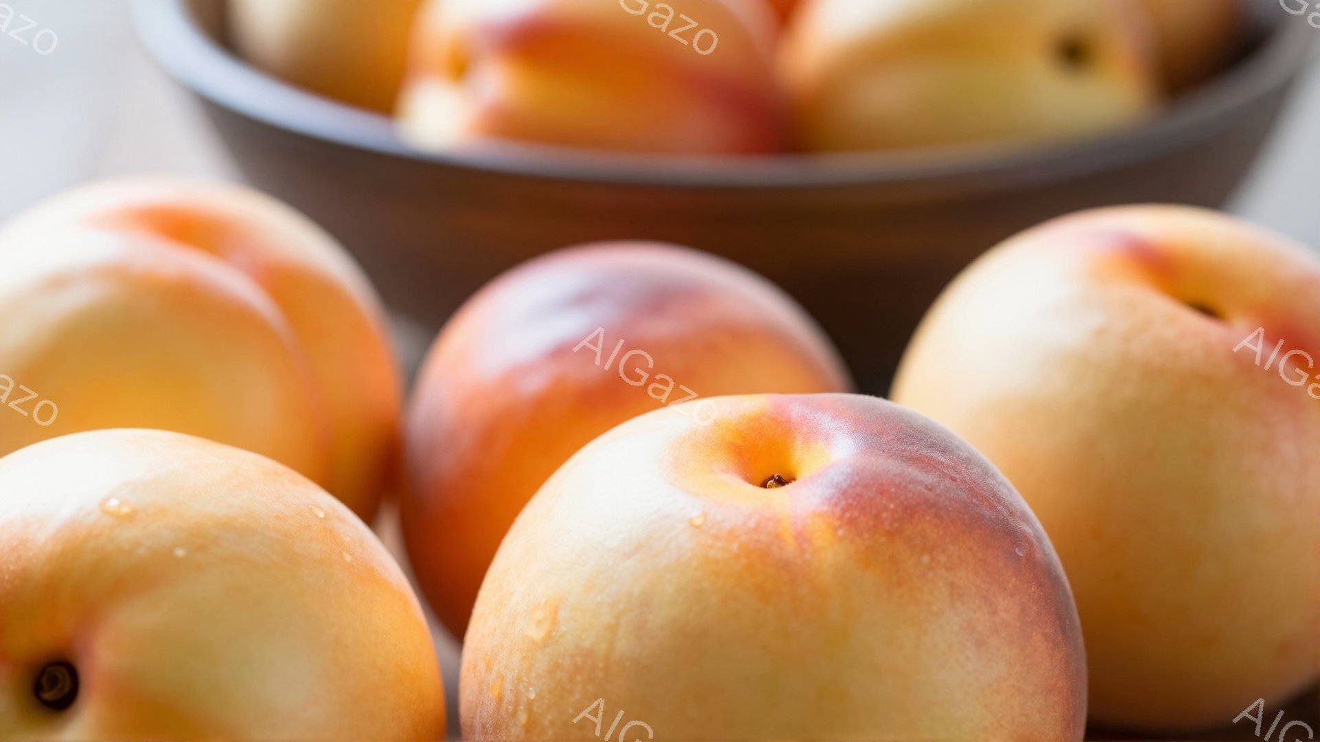 鮮やかなオレンジとピンクの色合いの桃が、浅いボウルに盛られています。桃の表面には水滴が光り、瑞々しさを感じさせます。背景はぼやけており、桃が主役として際立っています。 - AI生成フリー素材