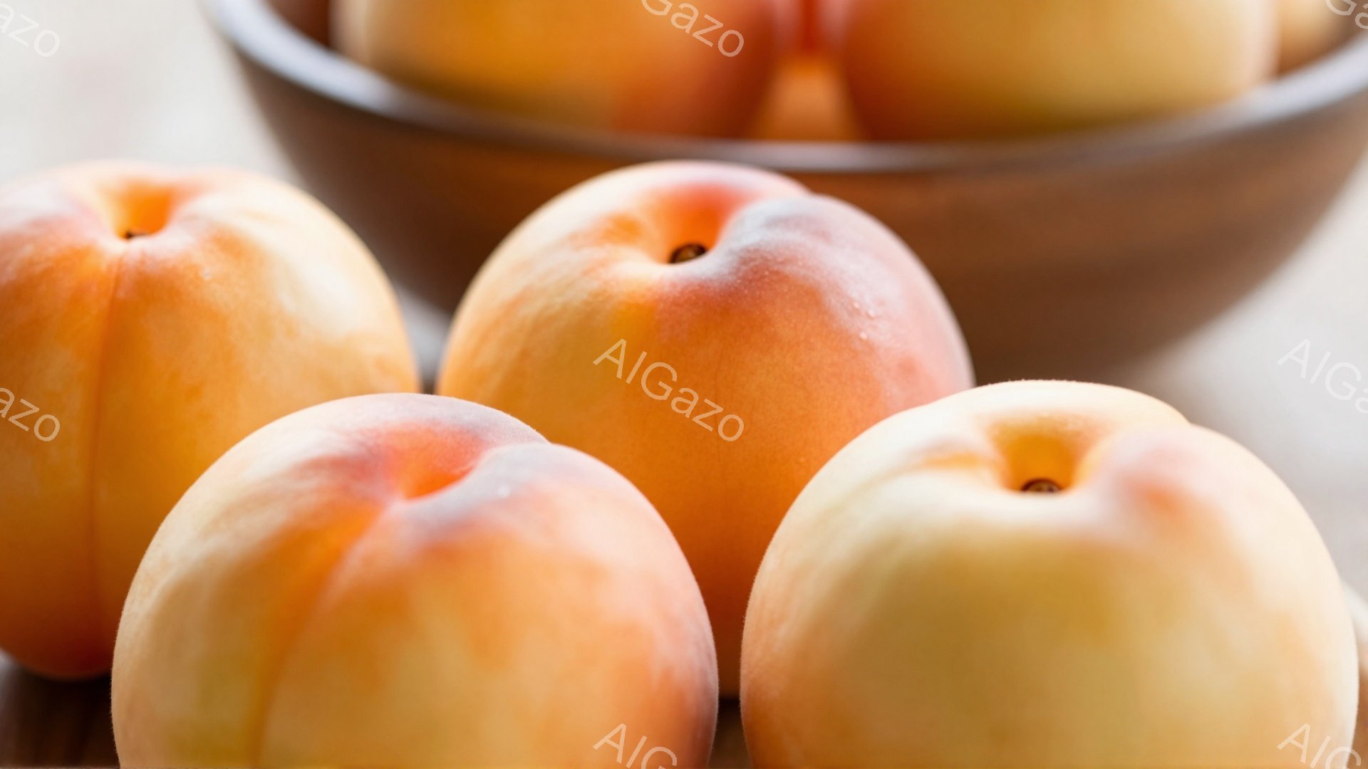 鮮やかなオレンジとピンクの色合いの桃がいくつか、茶色のボウルに入れられて写っています。桃はみずみずしく、熟しており、表面には光沢があります。背景はぼかされており、桃が主な被写体として際立っています。 - AI生成フリー素材