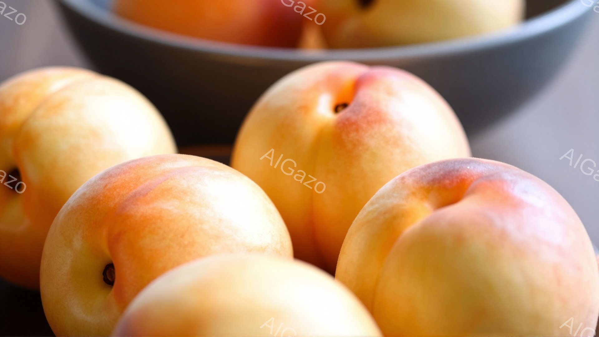 鮮やかなオレンジとピンクの色合いが美しい、たくさんの桃が写っている。桃は丸みを帯びており、表面にはわずかな起毛が見られ、新鮮さを感じさせる。桃は浅いグレーのボウルに盛られており、背景はぼやけていて、桃が主役になっている。