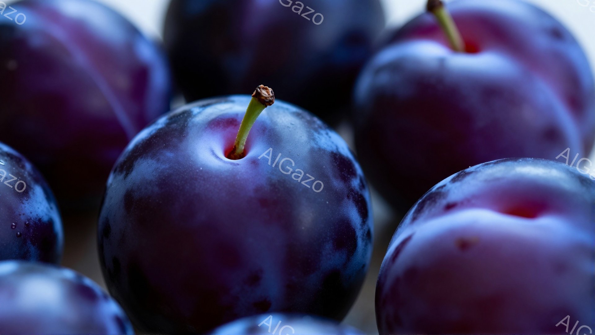 濃い紫色のプラムが何個か密集して写っており、表面には水滴が見られます。光沢があり、丸みを帯びた形状が強調されています。背景はぼかされており、プラムの色と質感が際立っています。
