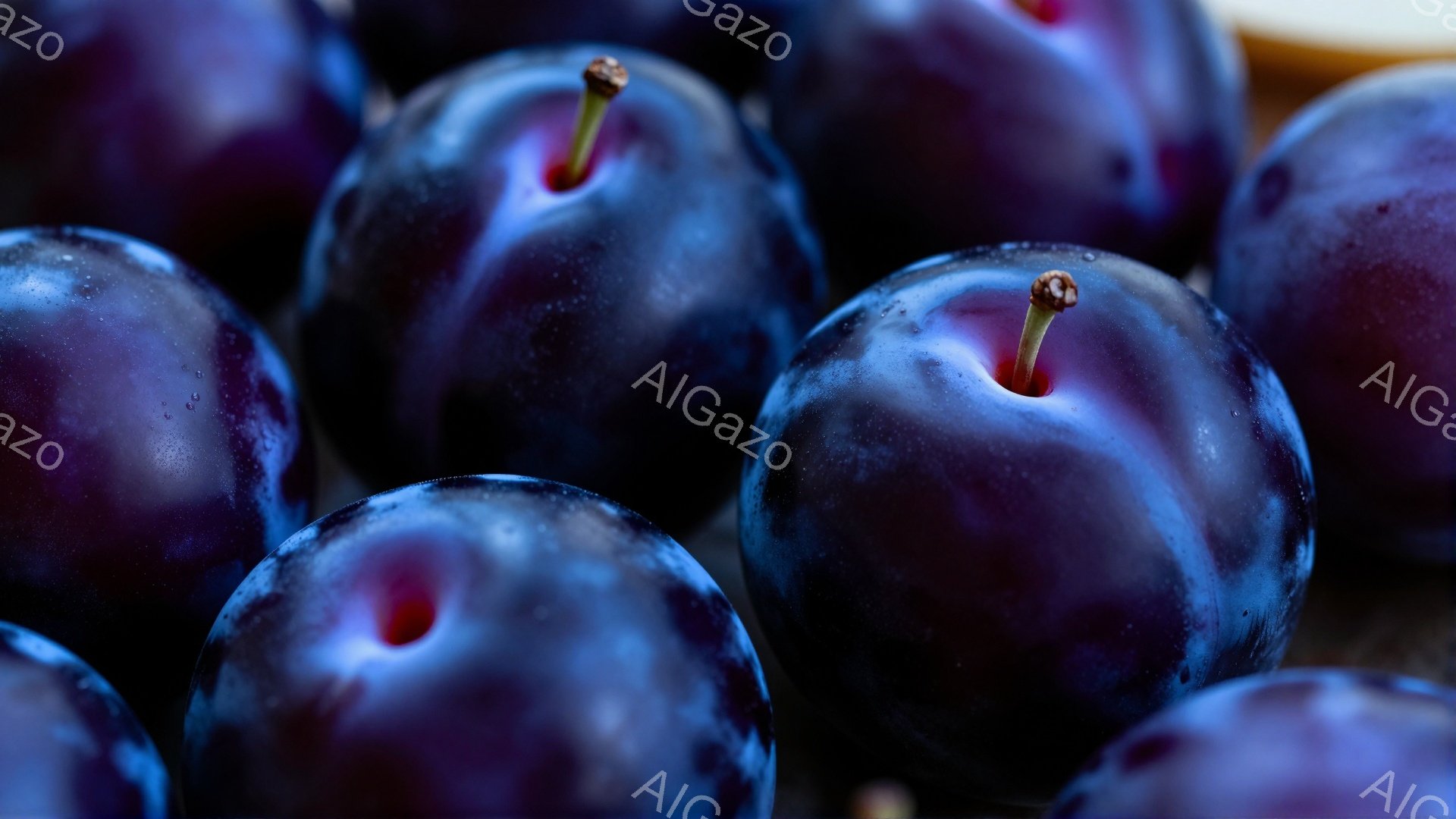深い紫色をしたプラムが密集して写っています。果実の表面は光沢があり、雫がいくつか見られます。背景はぼかされており、果実の濃い色合いが際立っています。