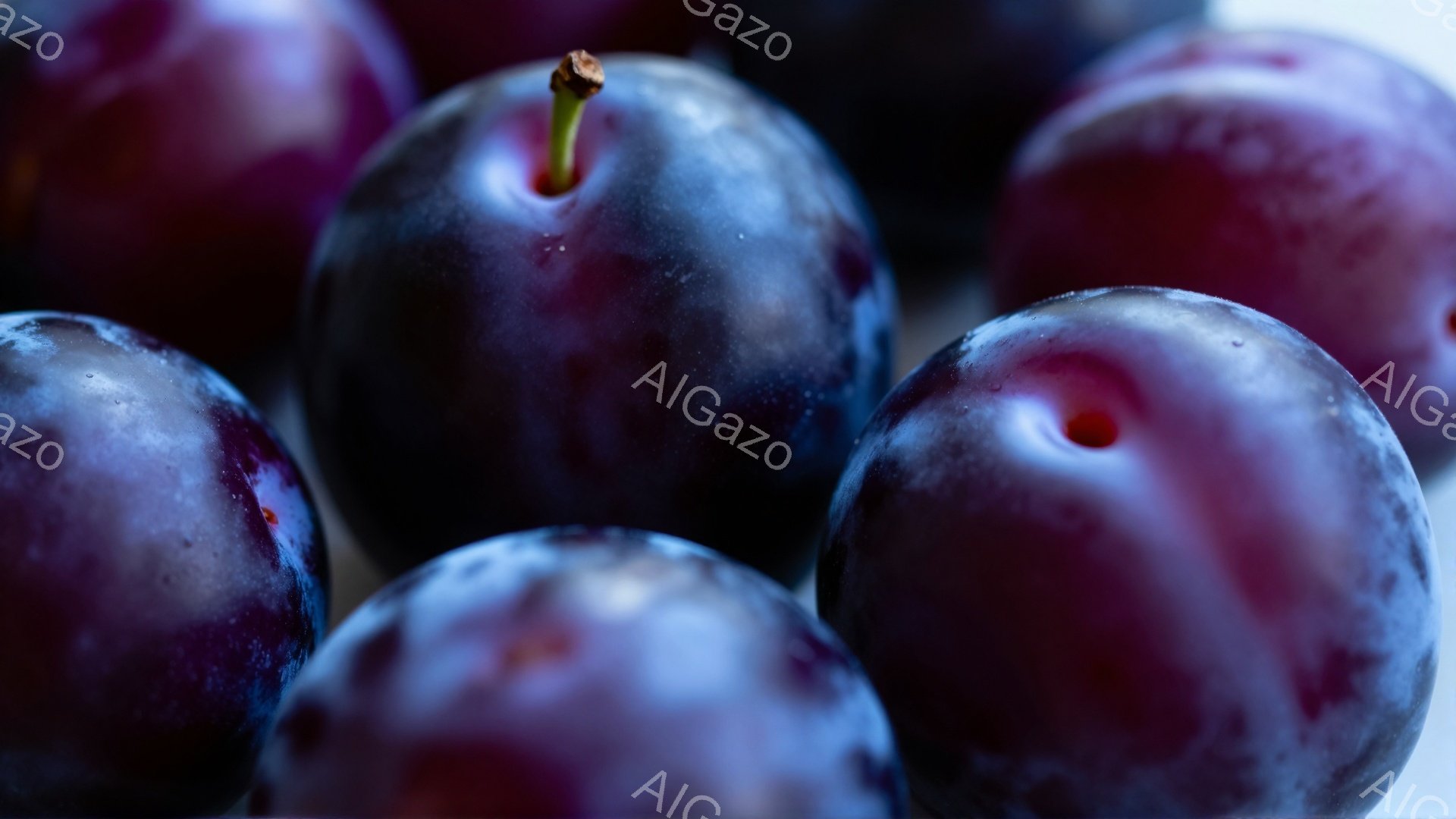 深い紫色をしたプルーンが複数、互いに重なり合いながら写っています。果実の表面には水滴が光り、みずみずしさを強調しています。背景はぼやけており、プルーンの質感と色が際立って見えます。 - AI生成フリー素材