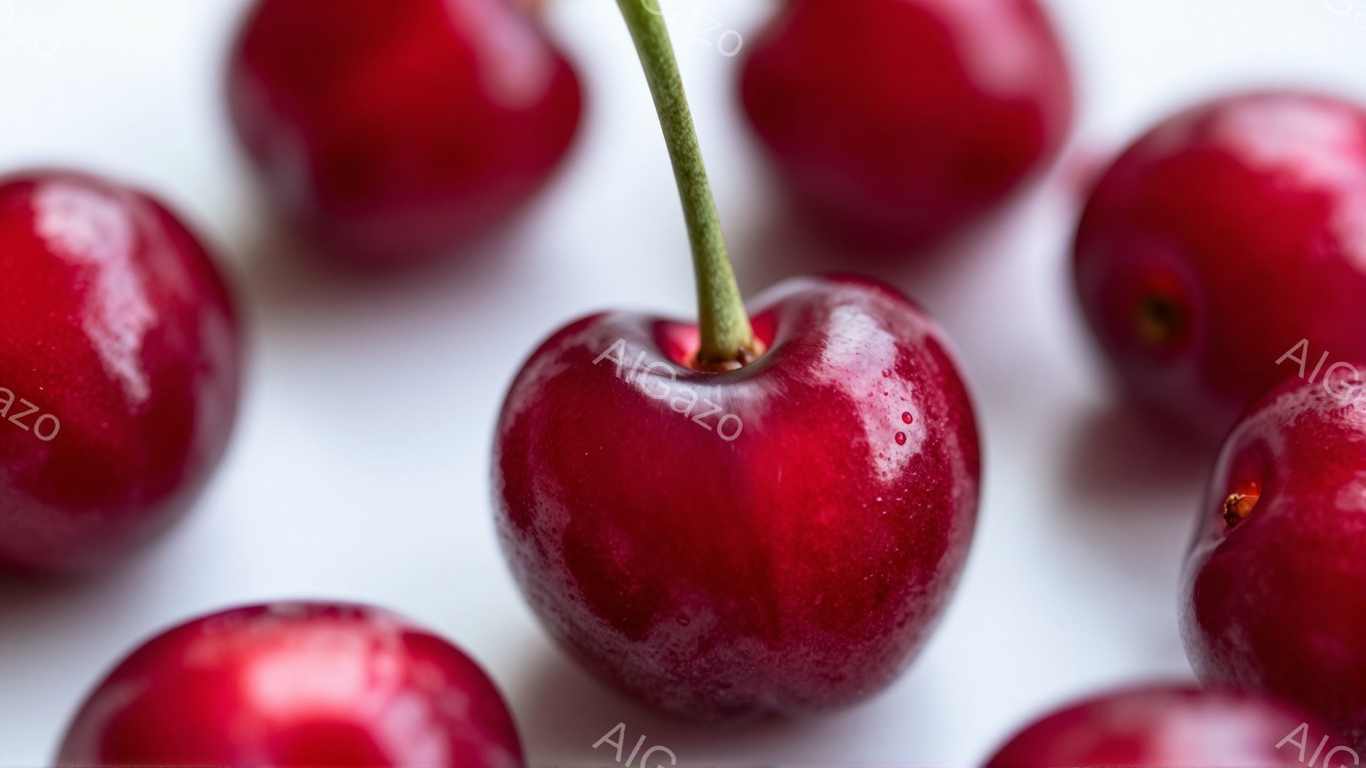 鮮やかな赤いさくらんぼが白い背景に散りばめられています。中央には茎の付いた、特に大きく瑞々しいものが一つあり、他のさくらんぼたちを際立たせています。全体的に、シンプルで清潔感のある、食欲をそそる雰囲気 - AI生成フリー素材