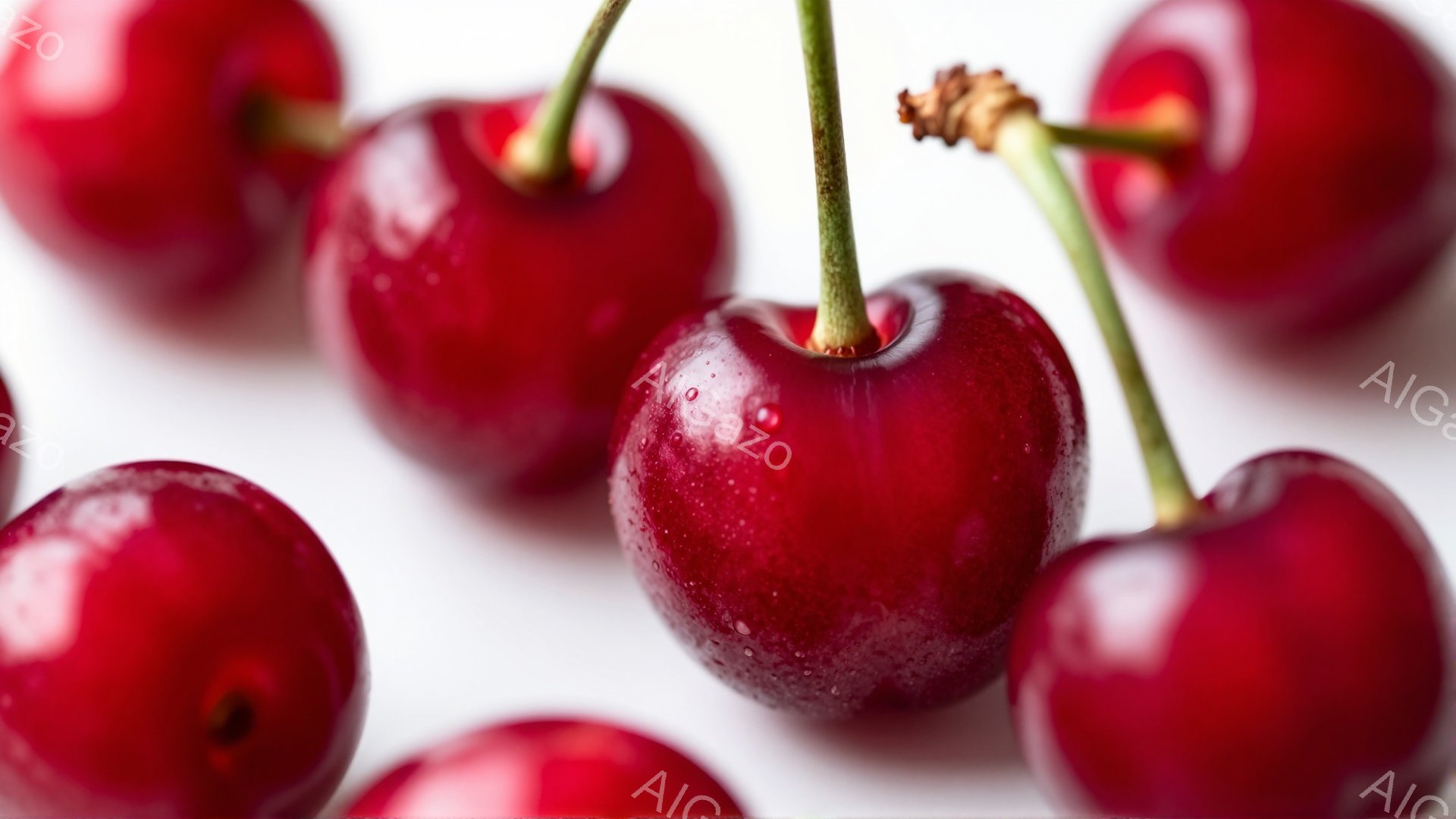 鮮やかな赤いさくらんぼが白い背景の上に散りばめられています。それぞれのさくらんぼは丸みを帯びて光沢があり、新鮮でジューシーな印象を与えます。背景はシンプルで、さくらんぼの色と形が際立っています。 - AI生成フリー素材