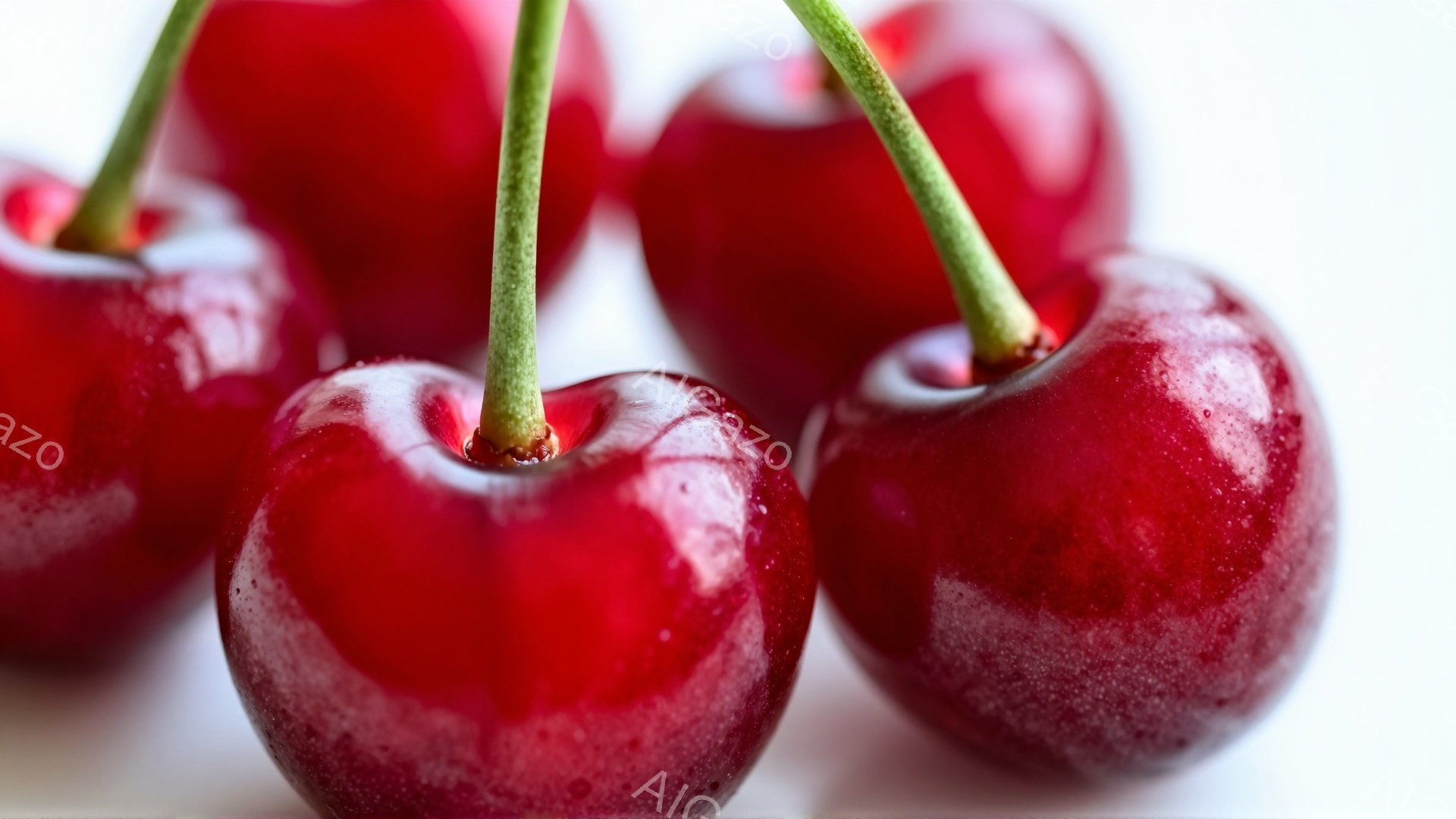 鮮やかな赤いサクランボが数個、白い背景に並んでいる。表面は光沢があり、みずみずしさを感じさせる。全体的にシンプルで、果物の美しさを際立たせる構図となっている。 - AI生成フリー素材