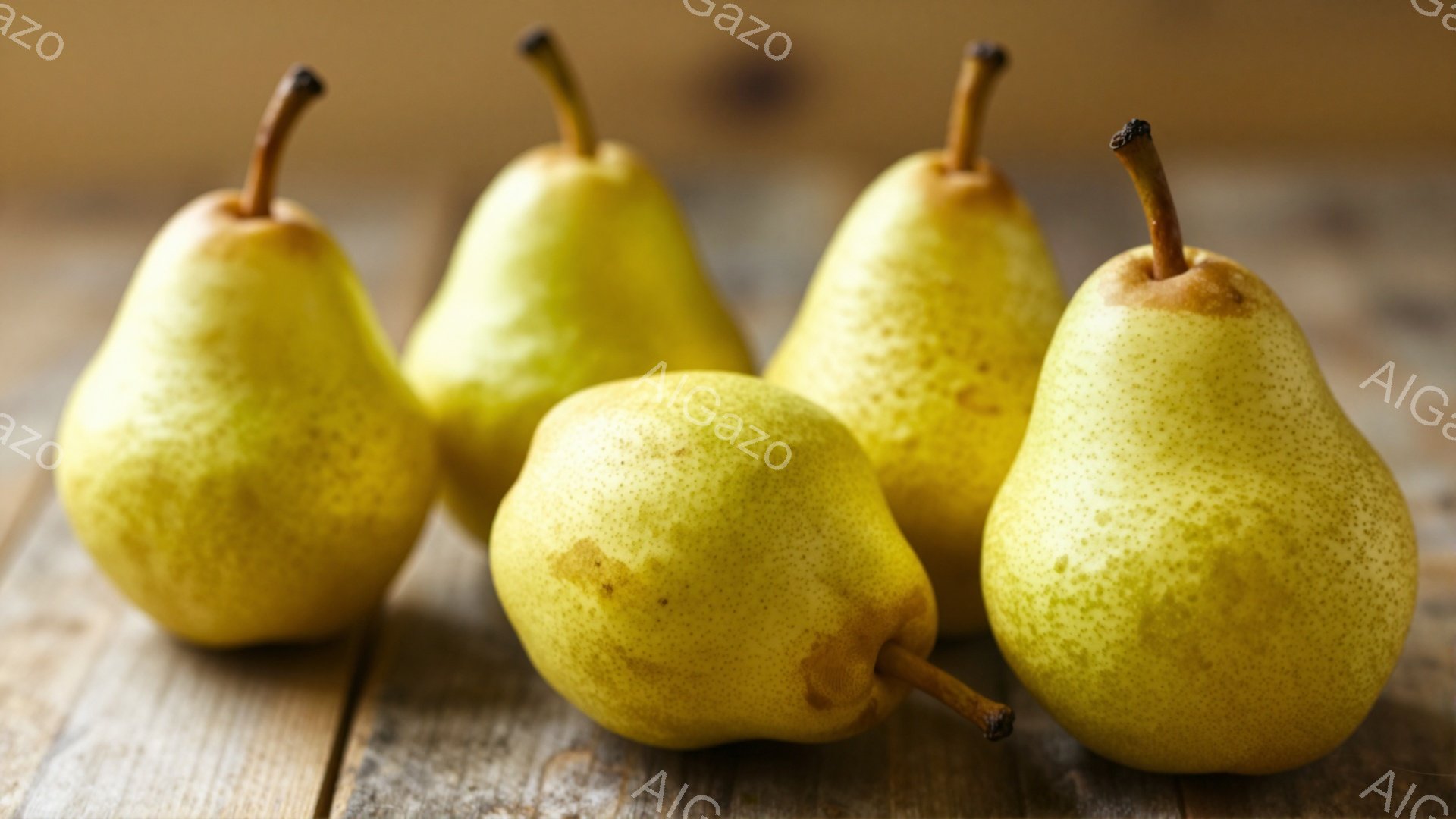 画像には、木製のテーブルの上に置かれた4つの黄色い梨が写っています。梨はそれぞれ異なる角度で配置され、自然な光の下で照らされています。背景は木目の見えるテーブルで、温かみのある雰囲気です。