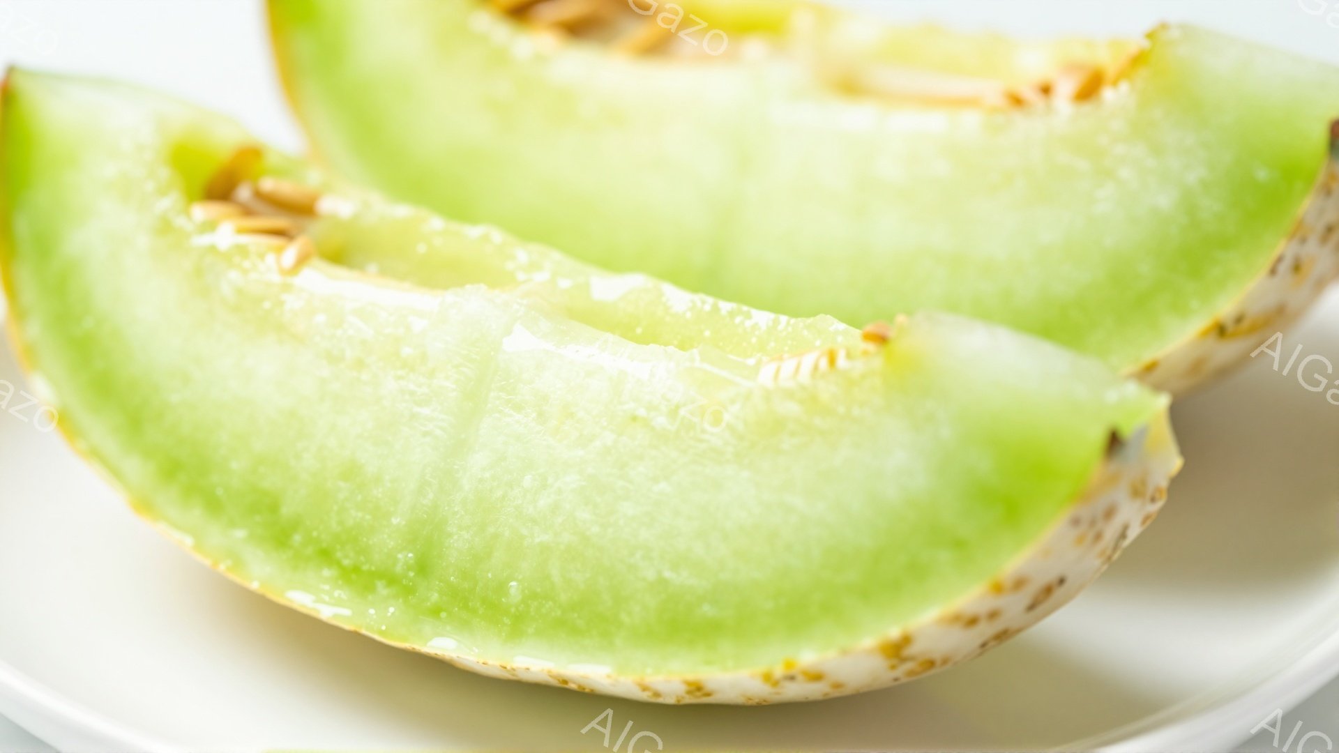 白い皿の上に、緑色のメロンのスライスが2つ並んでいます。メロンは新鮮でジューシーに見え、表面には小さな水滴が付いています。背景は白く、メロンの色が際立っており、全体的に爽やかで食欲をそそる雰囲気です。 - AI生成フリー素材