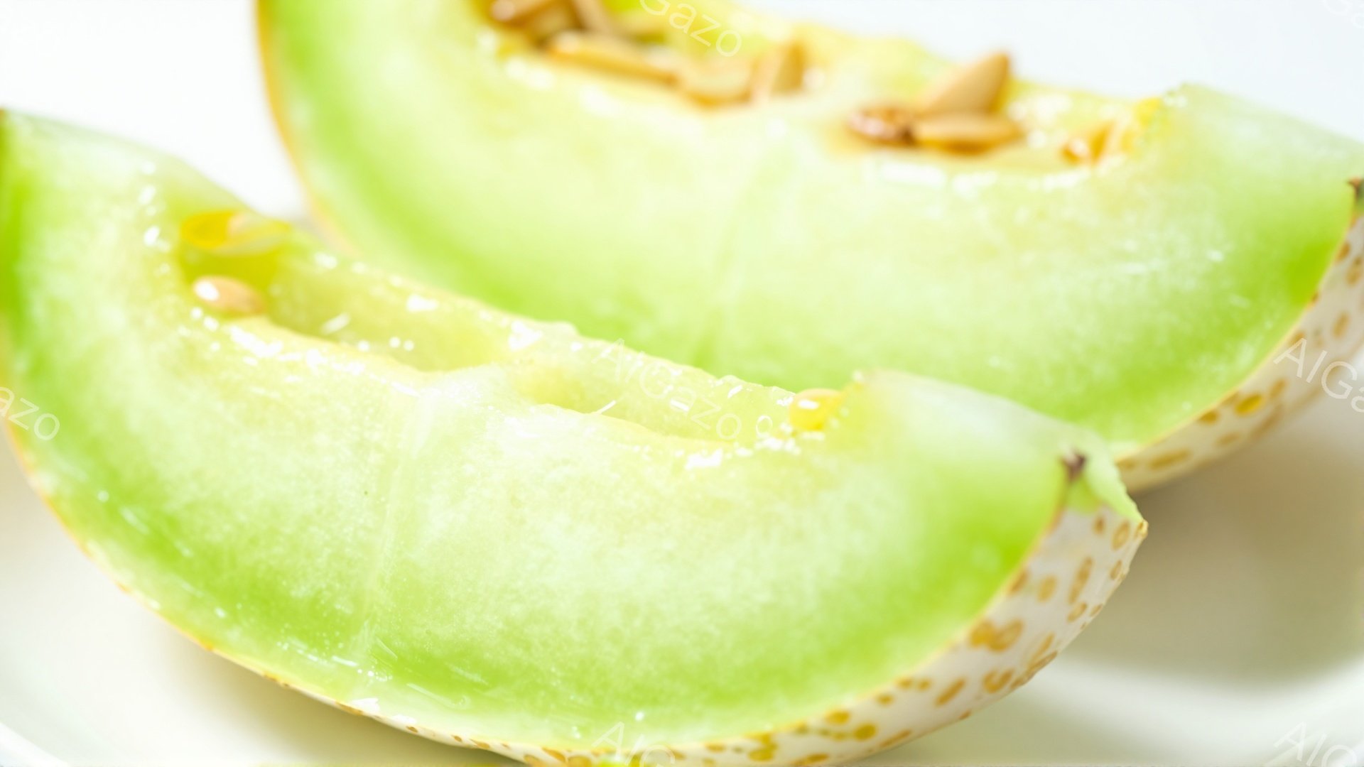 鮮やかな緑色のメロンの断面が2つ、白い皿の上に並んでいます。果肉はジューシーで、種が中央に集まっている様子がはっきりと見えます。全体的に明るく爽やかな印象で、夏の果物を連想させます。