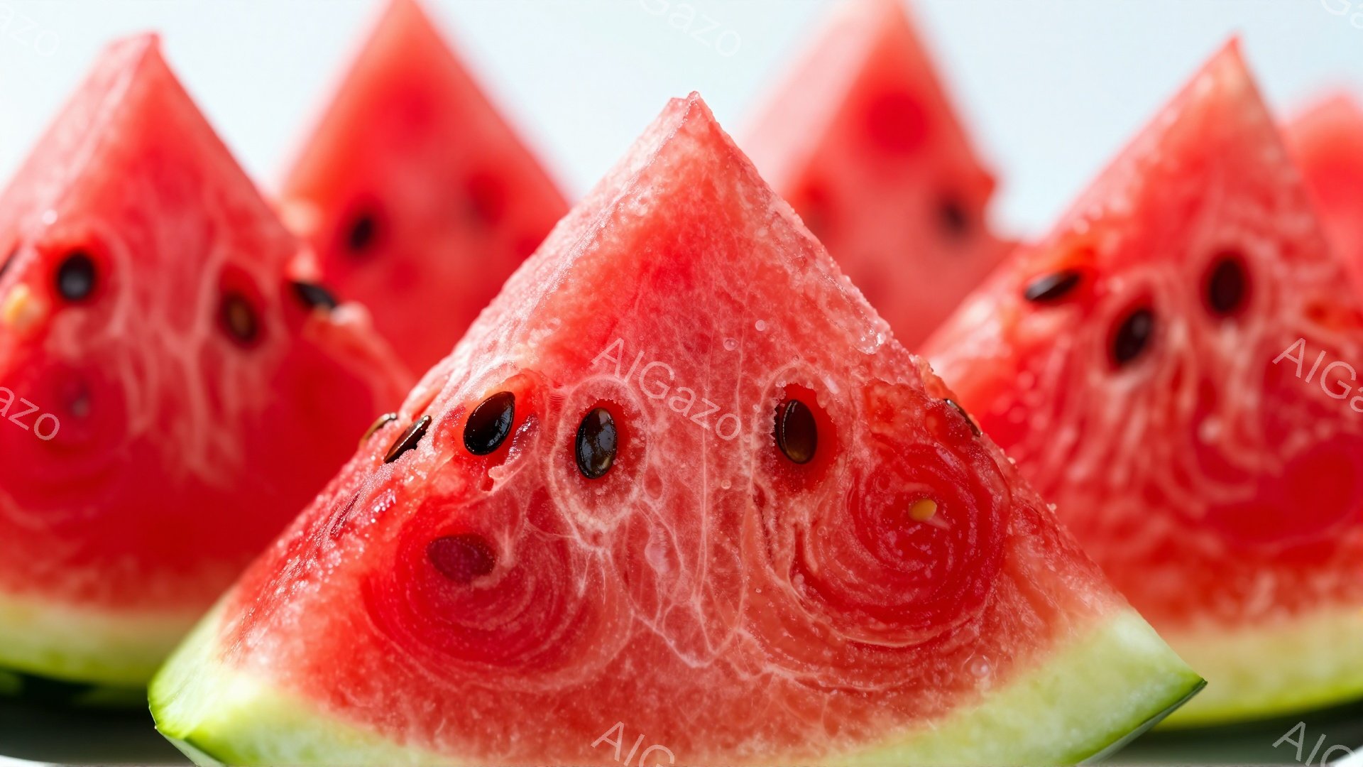 鮮やかな赤いスイカの断面がいくつか、画面いっぱいに配置されています。果肉の鮮やかな赤色と、黒い種子のコントラストが印象的で、みずみずしさが感じられます。背景は白く、スイカの色が際立っており、夏の清涼感 - AI生成フリー素材
