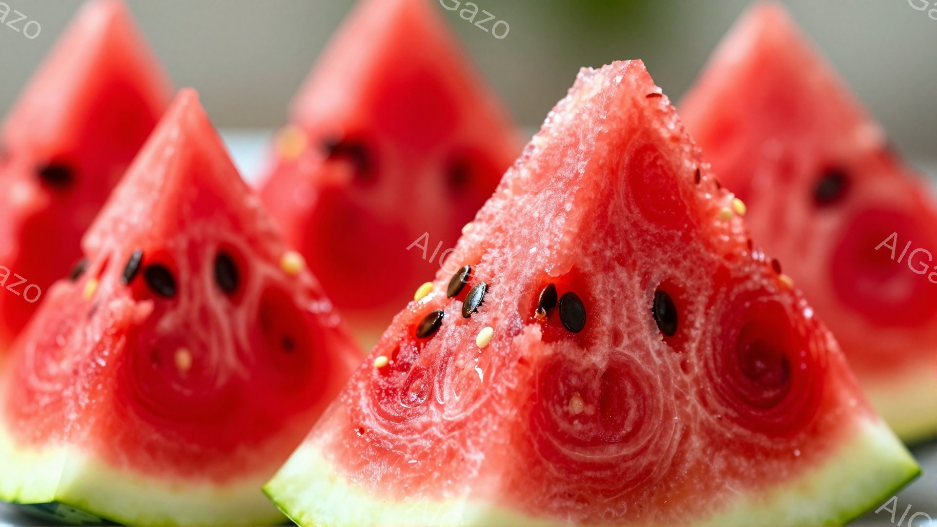 鮮やかな赤色のスイカの切り身が数切れ、画面いっぱいに並んでいます。果肉の模様が美しく、黒い種が散りばめられています。背景はぼやけており、スイカの鮮やかさを際立たせています。 - AI生成フリー素材