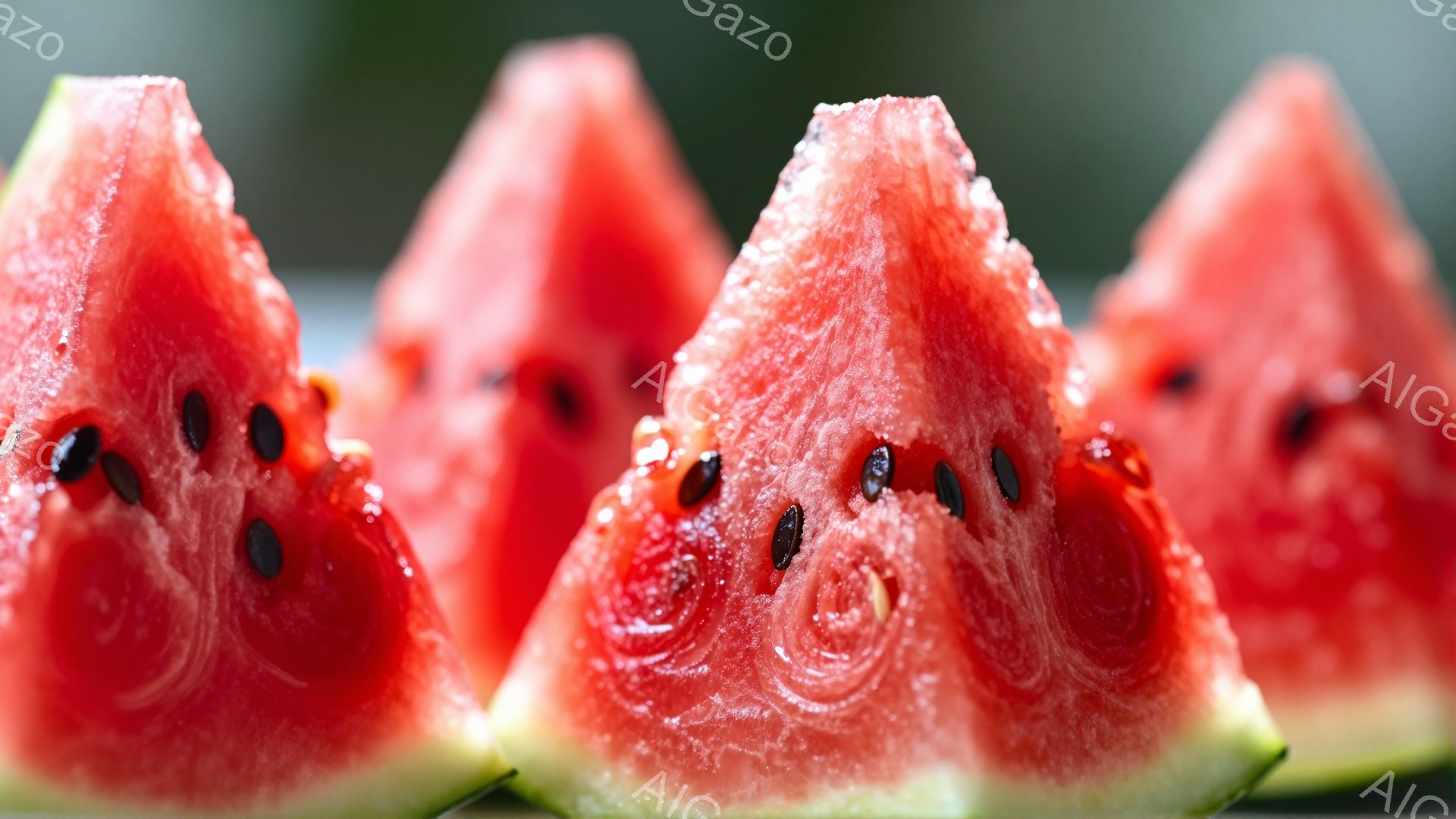 この画像は、スイカのスライスが並んでいるクローズアップ写真です。果肉は鮮やかな赤色で、黒い種が散りばめられています。背景はぼやけており、緑色の葉がわずかに見え、全体的に夏の爽やかな雰囲気を醸し出してい - AI生成フリー素材