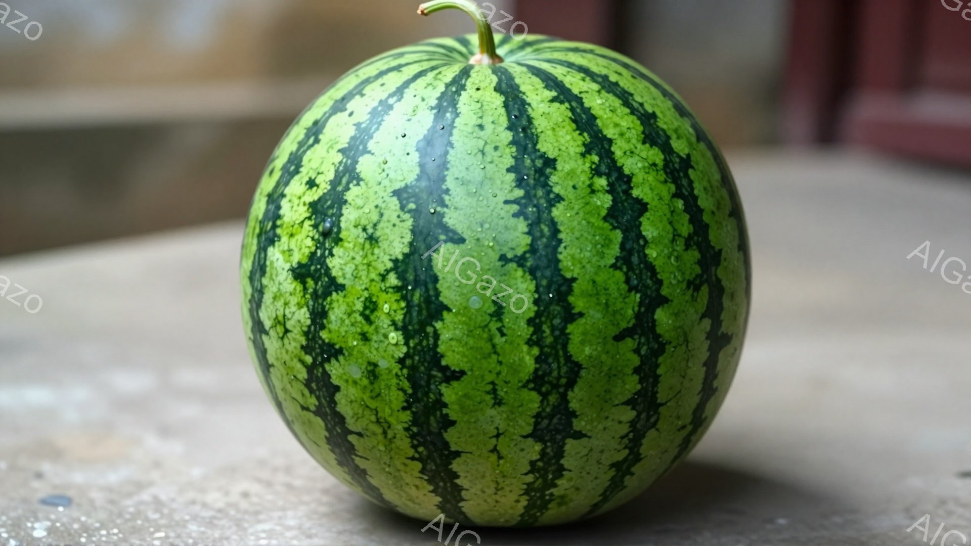 縞模様の大きなスイカが、コンクリートの地面に置かれています。スイカは深緑色と薄緑色の縞模様で覆われ、表面には水滴が見られます。背景はやや暗く、ぼやけており、スイカが中心に配置されています。