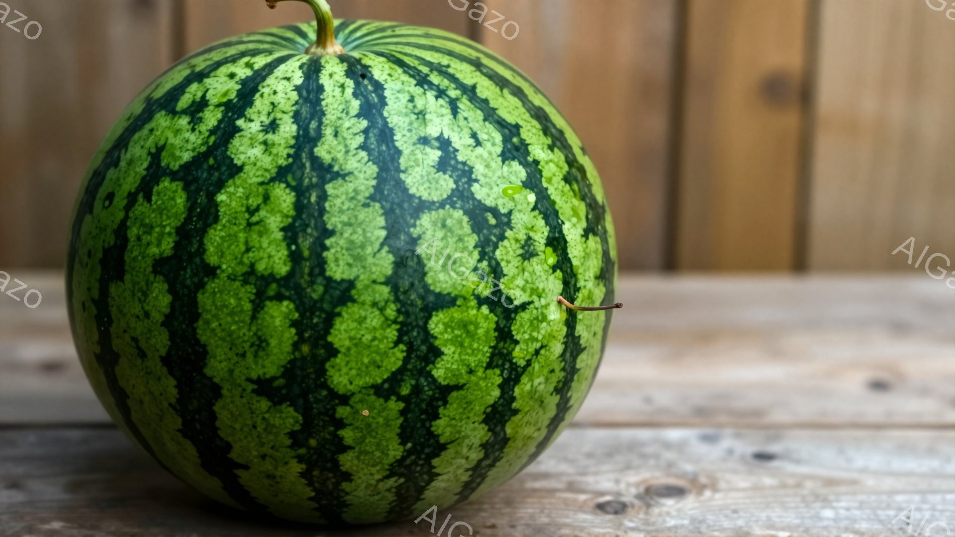 縞模様の大きなスイカが、木製のテーブルの上に置かれている。スイカは濃い緑色と薄い緑色の縞模様で覆われ、つるが少し伸びている。背景には木製の柵が見え、全体的に素朴で自然な雰囲気が漂っている。