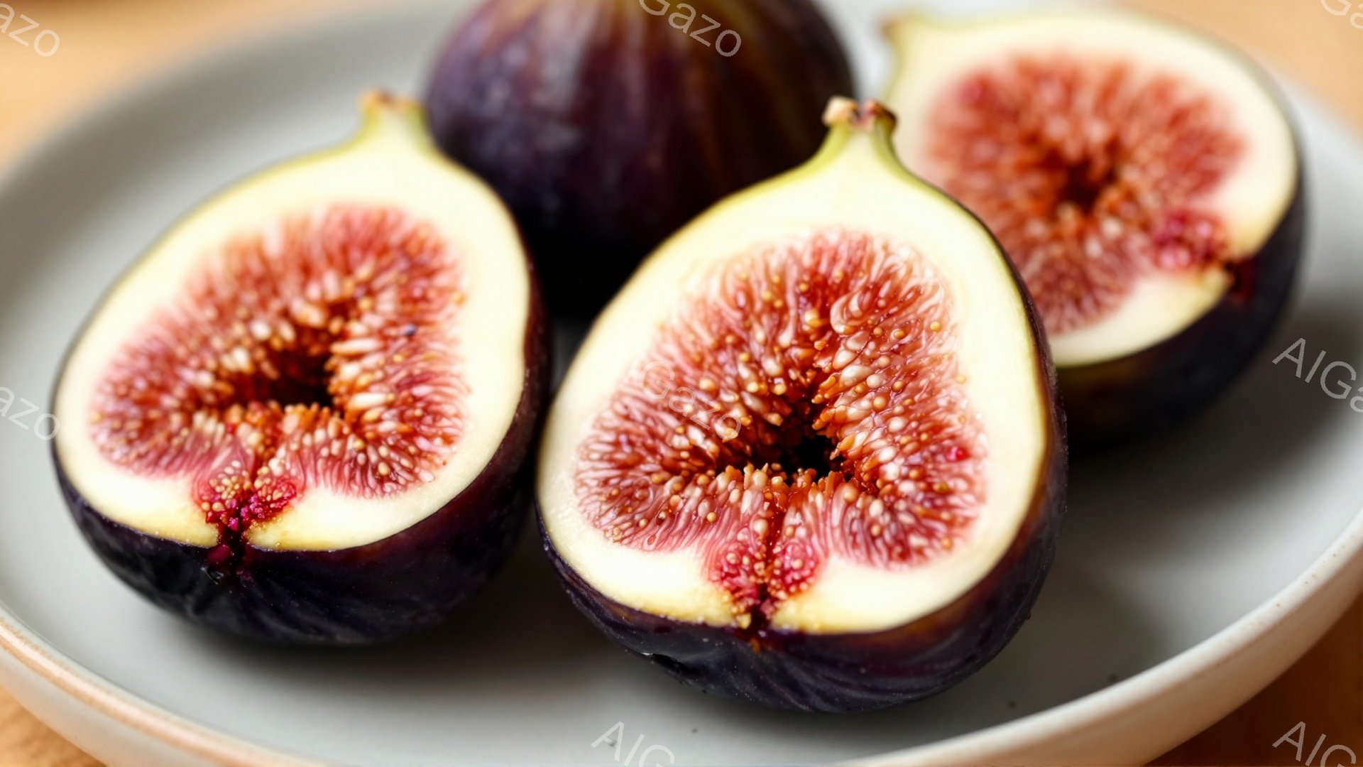 濃い紫色のイチジクが、半分に切られて皿の上に並んでいます。果肉は赤みを帯びたピンク色で、種が密集して詰まっています。背景はぼやけた木製のテーブルで、全体的に落ち着いた、食欲をそそる雰囲気です。