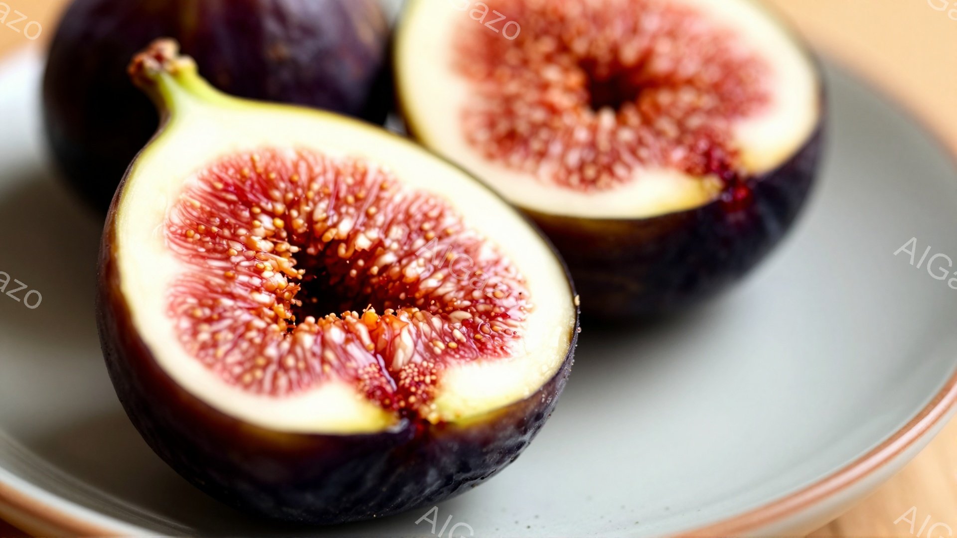 灰色の皿の上に、半分に切られたイチジクが2つ並んでいます。紫色の皮の内側は、赤くて小さな種でいっぱいの、甘くてジューシーな果肉を露わにしています。イチジクの果肉のテクスチャがよくわかり、自然な美味しさを伝えています。