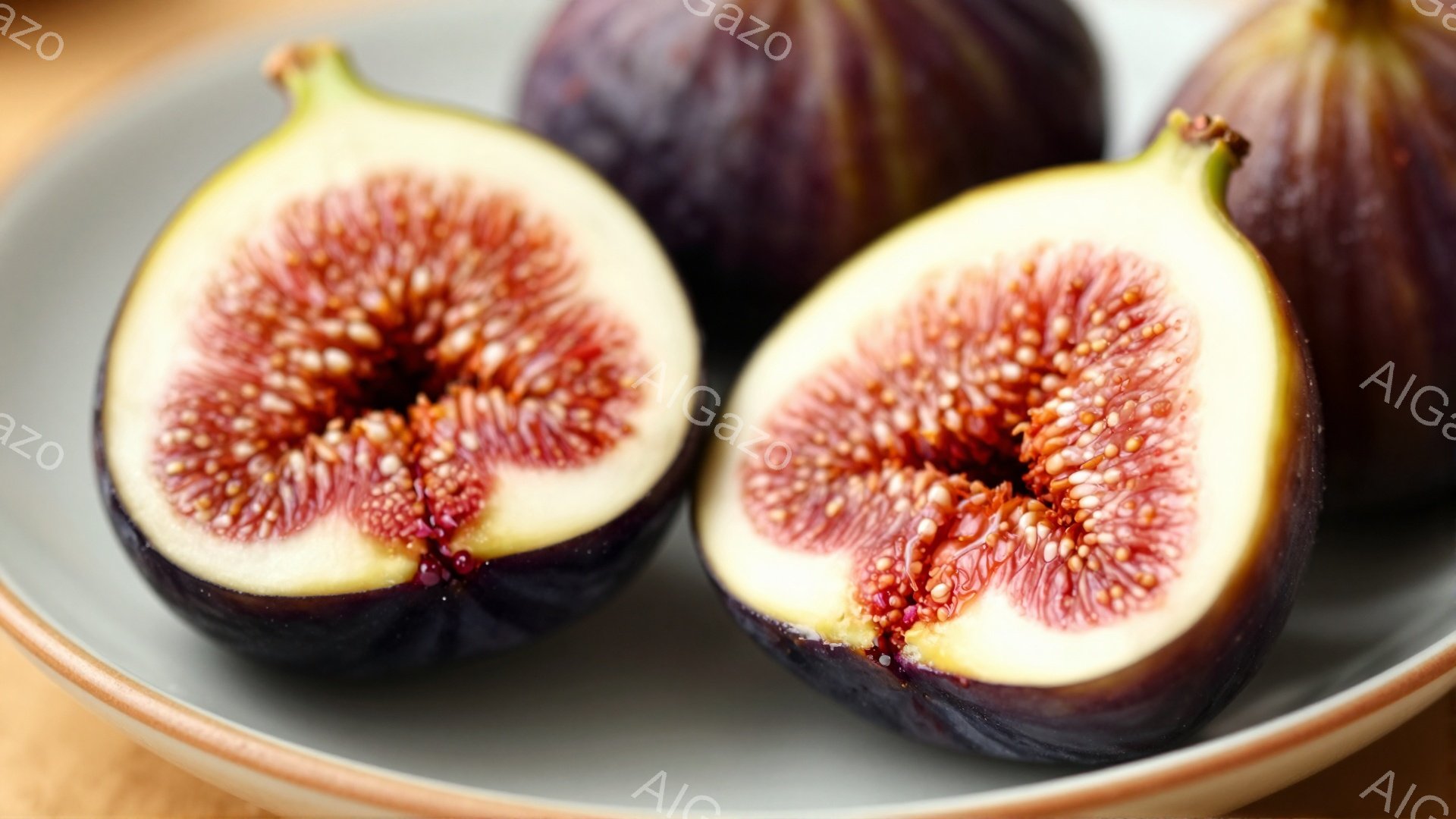 盛り付けられたイチジクが3つ写っています。紫色の皮の内側は、赤みがかったピンク色で、種がたくさん詰まっています。背景はぼやけた木製のテーブルで、全体的に暖かく、食欲をそそる雰囲気です。