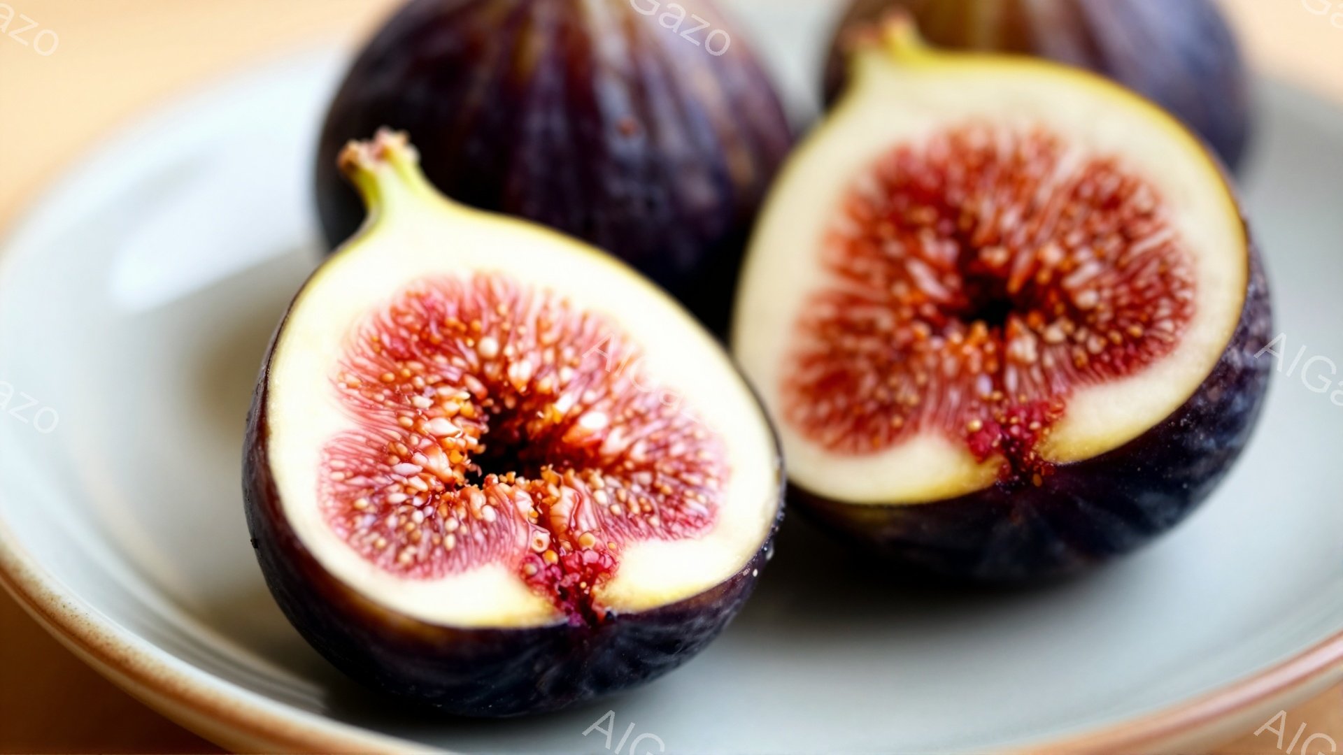 鮮やかな紫色のイチジクが2つ、浅い灰色の皿の上に半分に切られて並べられています。果肉は赤みがかったピンク色で、小さな種がびっしりと詰まっており、みずみずしい質感が見て取れます。背景はぼやけており、イチジクに焦点が当てられ、食欲をそそる雰囲気です。