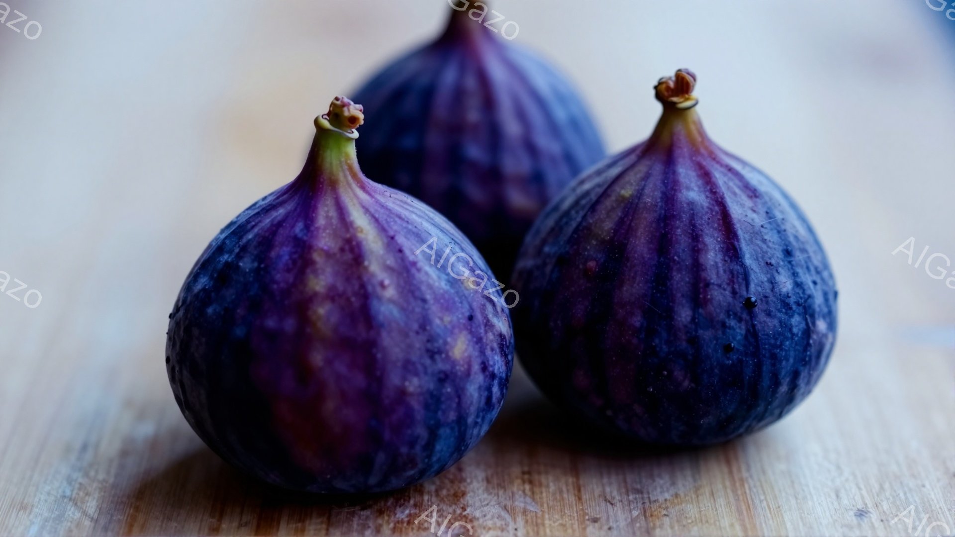 濃い紫色をした3つのイチジクが、木目調の板の上に並んでいます。イチジクは丸みを帯びており、表面には細かい筋が見られ、新鮮な状態を伺わせます。背景はぼやけており、イチジクが際立つように強調されています。