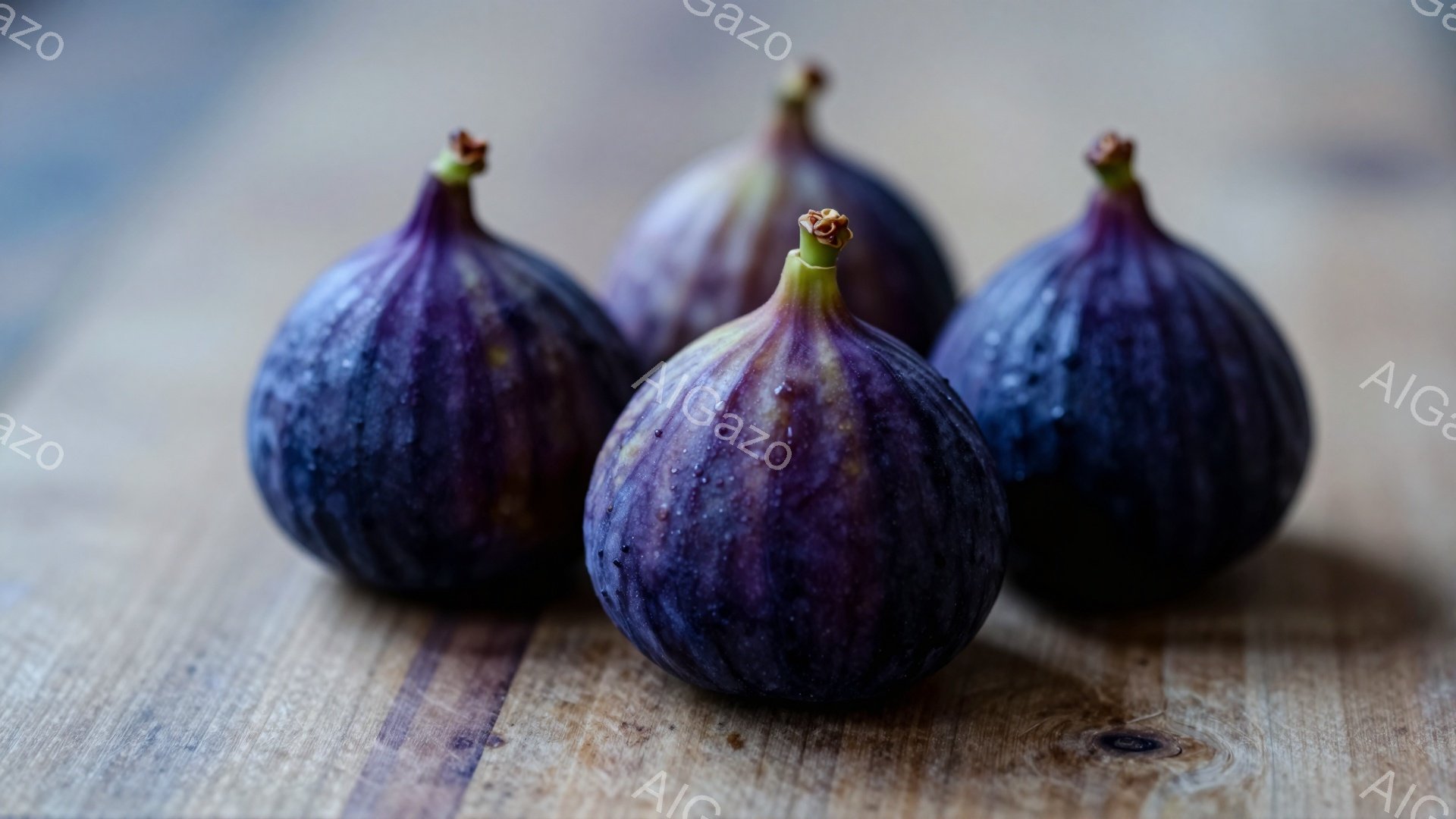 画像には、濃い紫色をしたイチジクが4つ、木製の板の上に並んでいます。イチジクは丸みを帯びており、表面には細かいシワと斑点が見られます。背景はぼやけており、木目の模様がわずかに見え、全体的に落ち着いた雰 - AI生成フリー素材