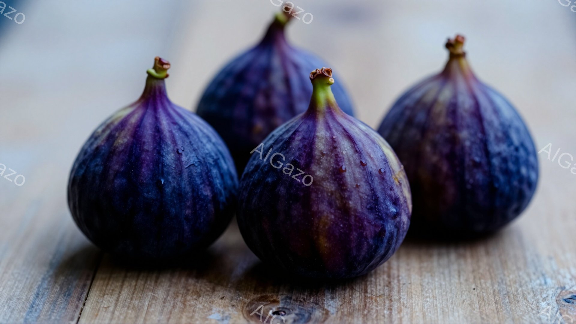 濃い紫色のイチジクが、木製のテーブルの上に並んでいます。イチジクは少し雫がついており、新鮮さを感じさせます。背景はぼやけており、イチジクが際立っています。
