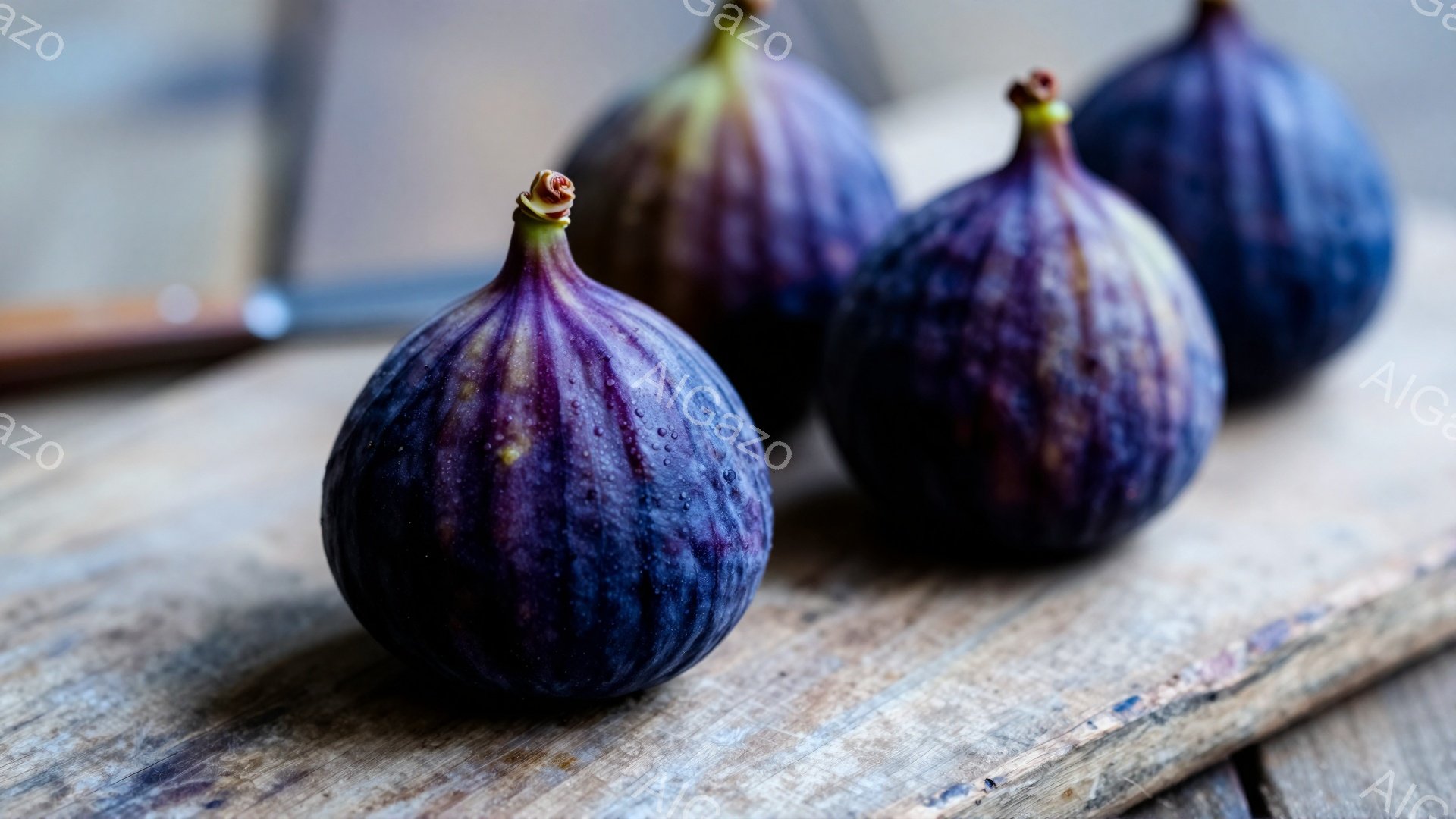 画像には、木製の板の上に置かれた紫色のイチジクがいくつか写っています。イチジクは丸みを帯びており、表面には紫と緑の縞模様があります。背景はぼやけていますが、木製の質感が感じられ、全体的に落ち着いた雰囲気です。
