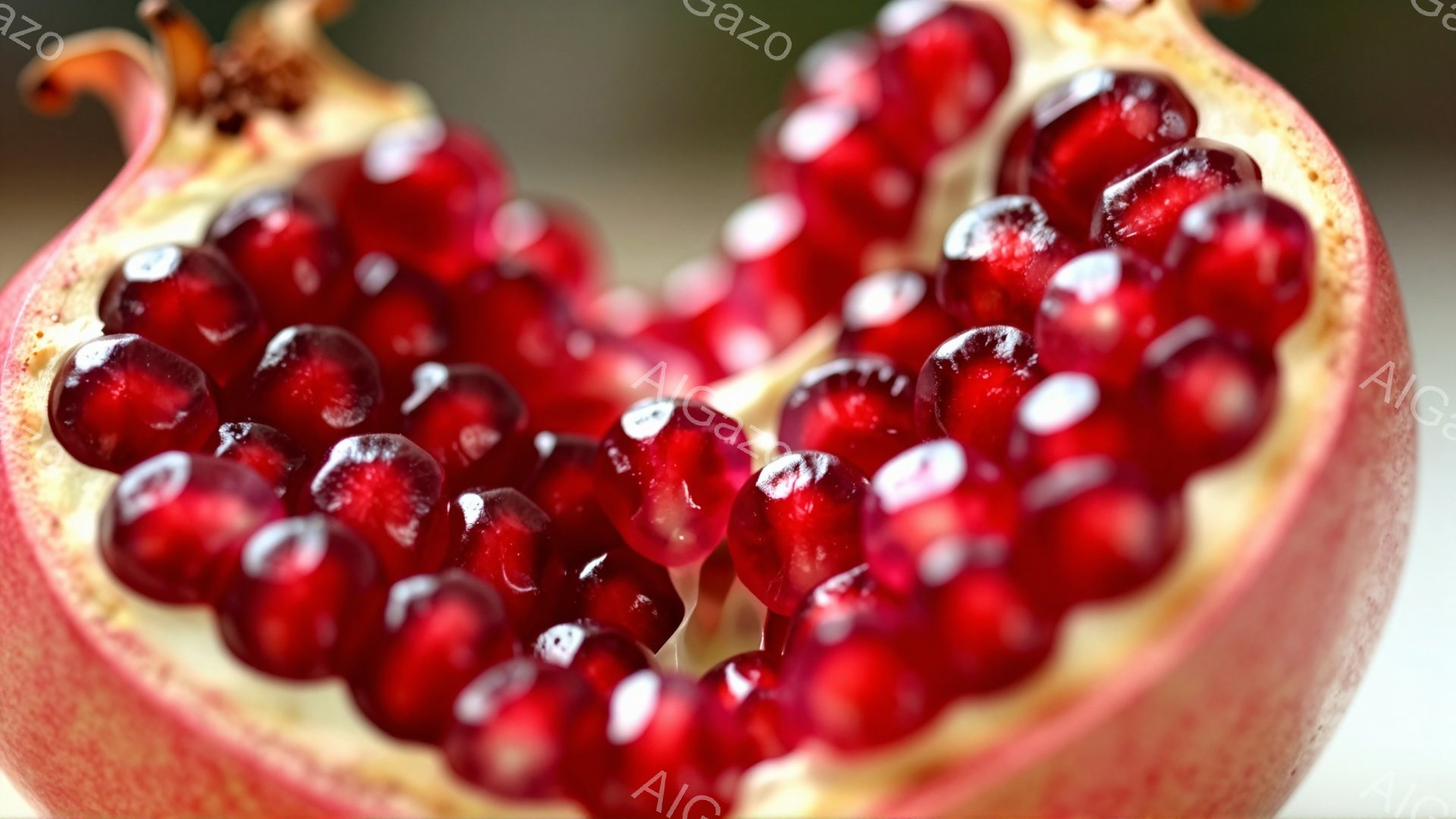 ざっくりと割られたザクロの実が画面いっぱいに広がっており、深紅色の粒がぎっしりと詰まっている様子が捉えられている。粒一つ一つは光を反射し、まるで宝石のような輝きを放ち、種子の間の薄い膜がその鮮やかさを際立たせている。背景はぼやけており、ザクロの実のテクスチャと色彩が強く印象付けられている。