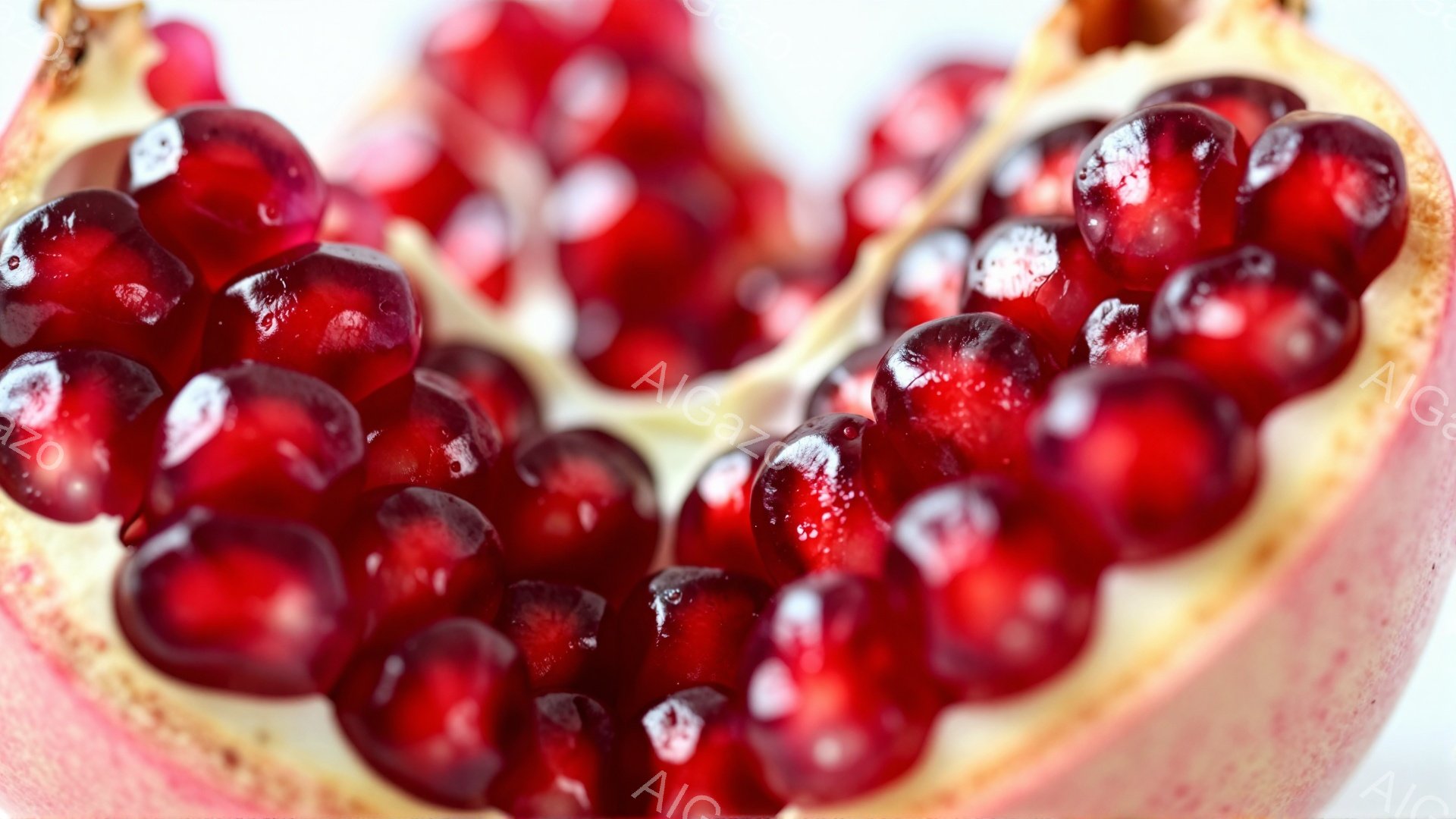 鮮やかな赤いザクロの実が、半分に割られた断面で大きく写っている。瑞々しい種子がぎっしりと詰まっており、光沢があり、生き生きとした印象を与える。背景は白く、ザクロの実そのものの色が際立っており、果実の持 - AI生成フリー素材