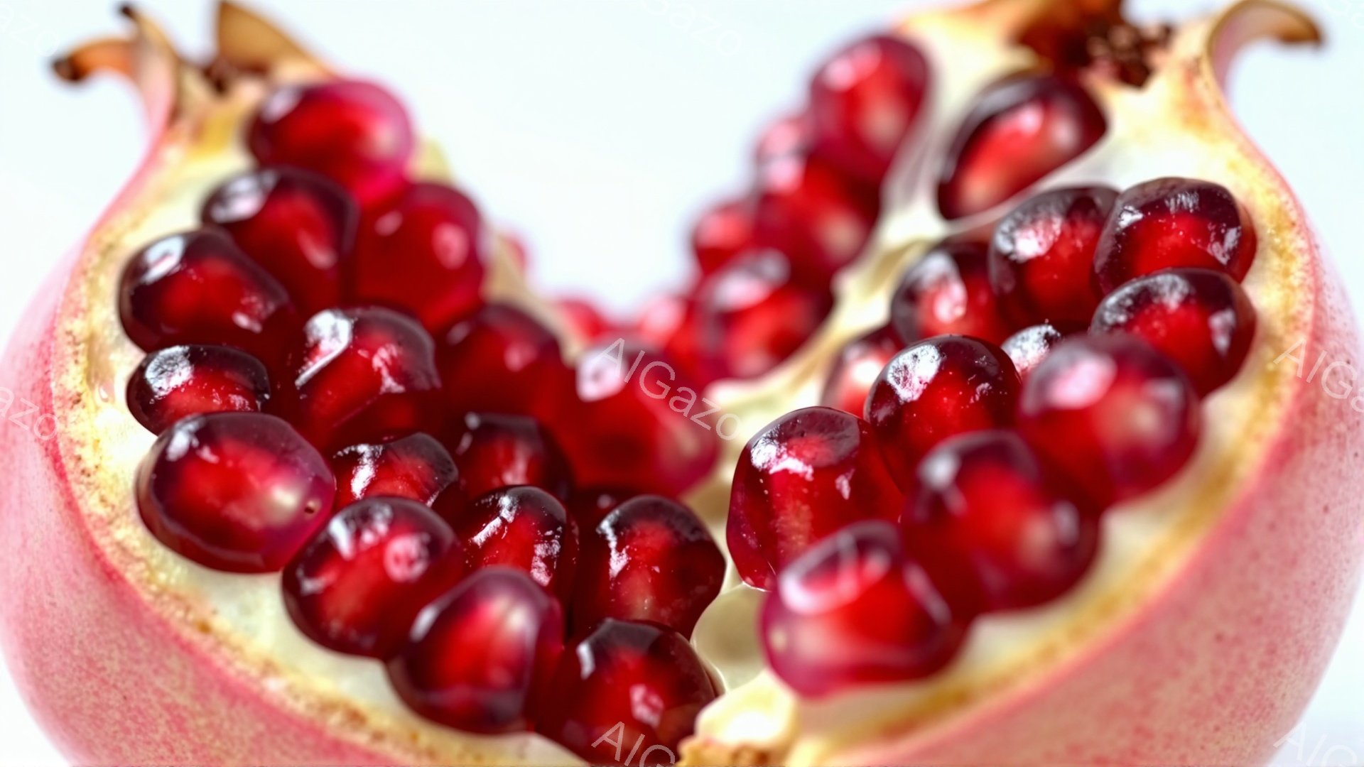 ざっくりと割られたザクロが写っており、鮮やかな赤い種がぎっしりと詰まっている様子がよくわかる。外側の皮は薄いピンク色で、種とのコントラストが美しい。背景は白く、ザクロが際立っており、瑞々しい果実の食感 - AI生成フリー素材