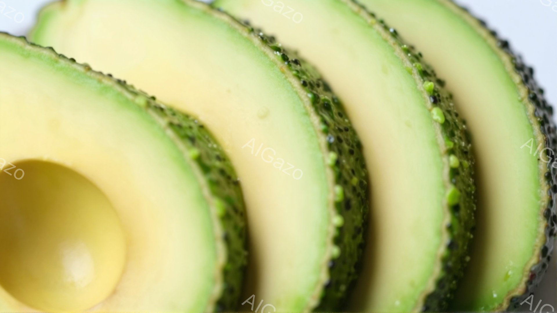 熟したアボカドが薄切りにされており、種を取り除いた状態である。アボカドの果肉は鮮やかな黄緑色で、表面には緑色の凹凸が見られる。背景は白く、アボカドが際立って見えるようにシンプルな構成になっている。