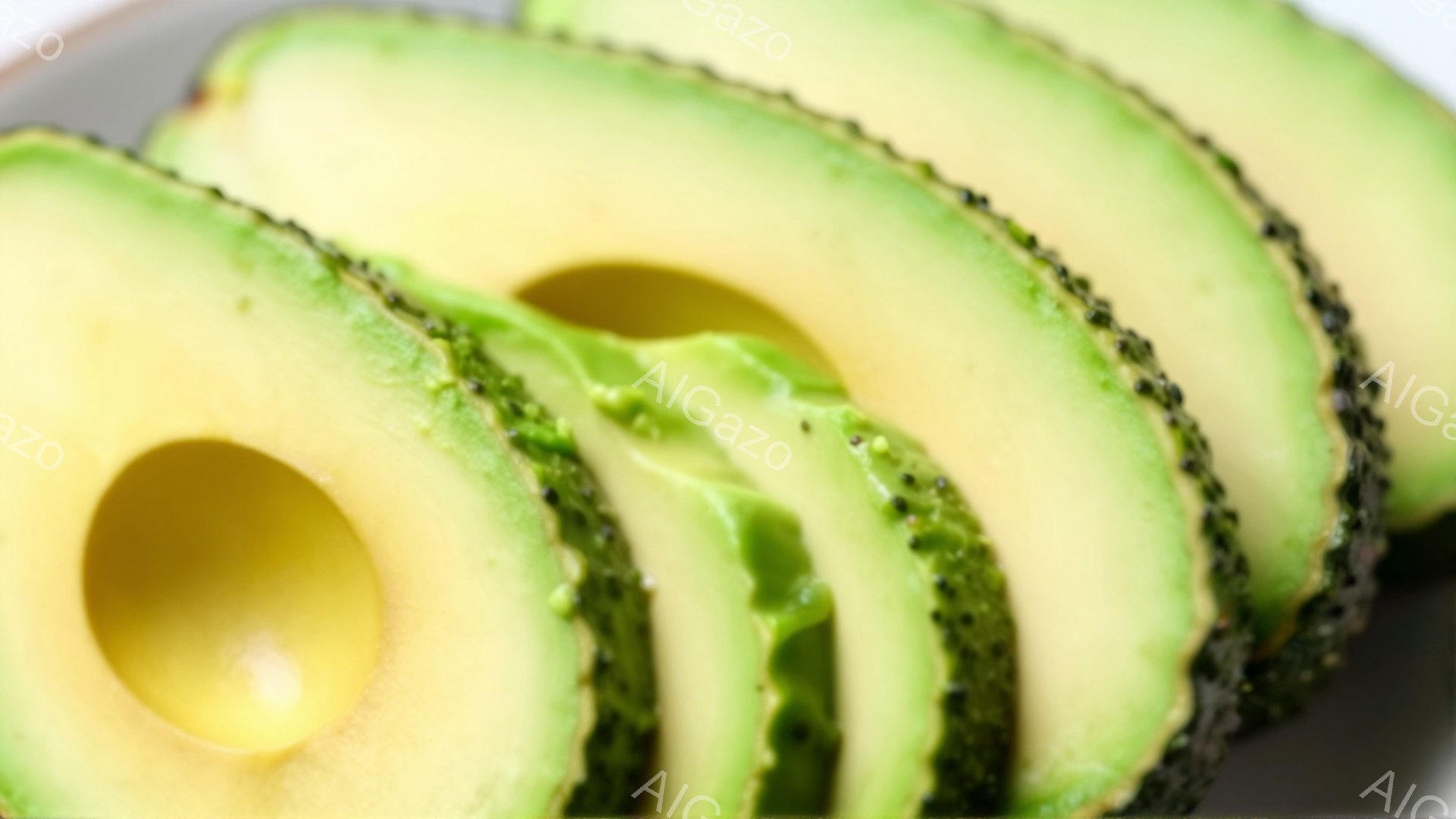 画像には、切り分けたアボカドが並べられています。アボカドは鮮やかな緑色で、種を取り除き、果肉が露わになっています。背景はグレーの皿で、アボカドの緑色が際立っています。