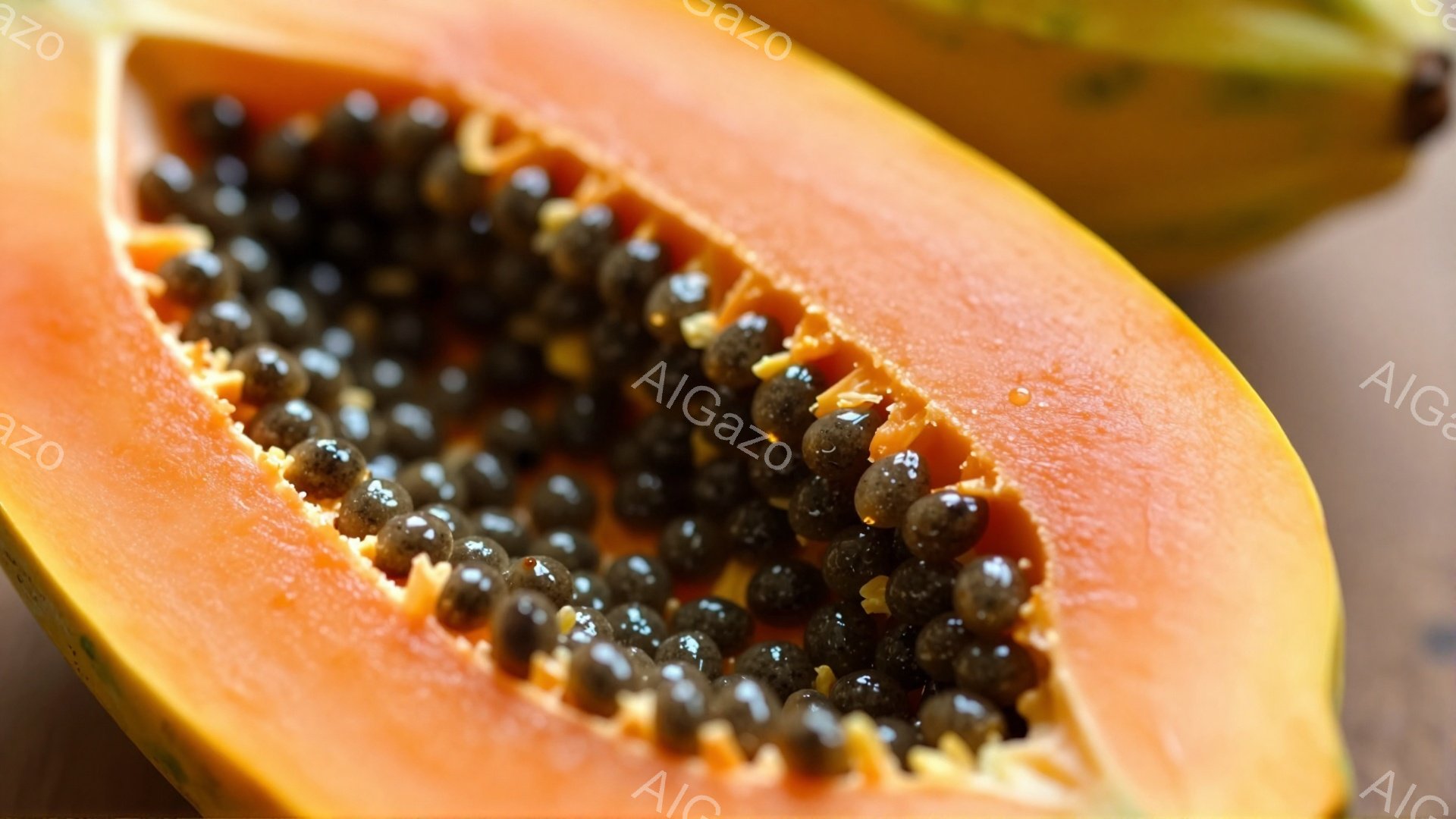 パパイヤの半分が写っており、鮮やかなオレンジ色の果肉と、その中に詰まった黒い種子がはっきりと見えます。果肉の縁にはわずかに緑色の部分が残っており、切り口からジューシーな果汁が滲み出ているように見えます。背景にはぼやけた黄色のパパイヤがわずかに見え、木製のテーブルのような表面に置かれています。