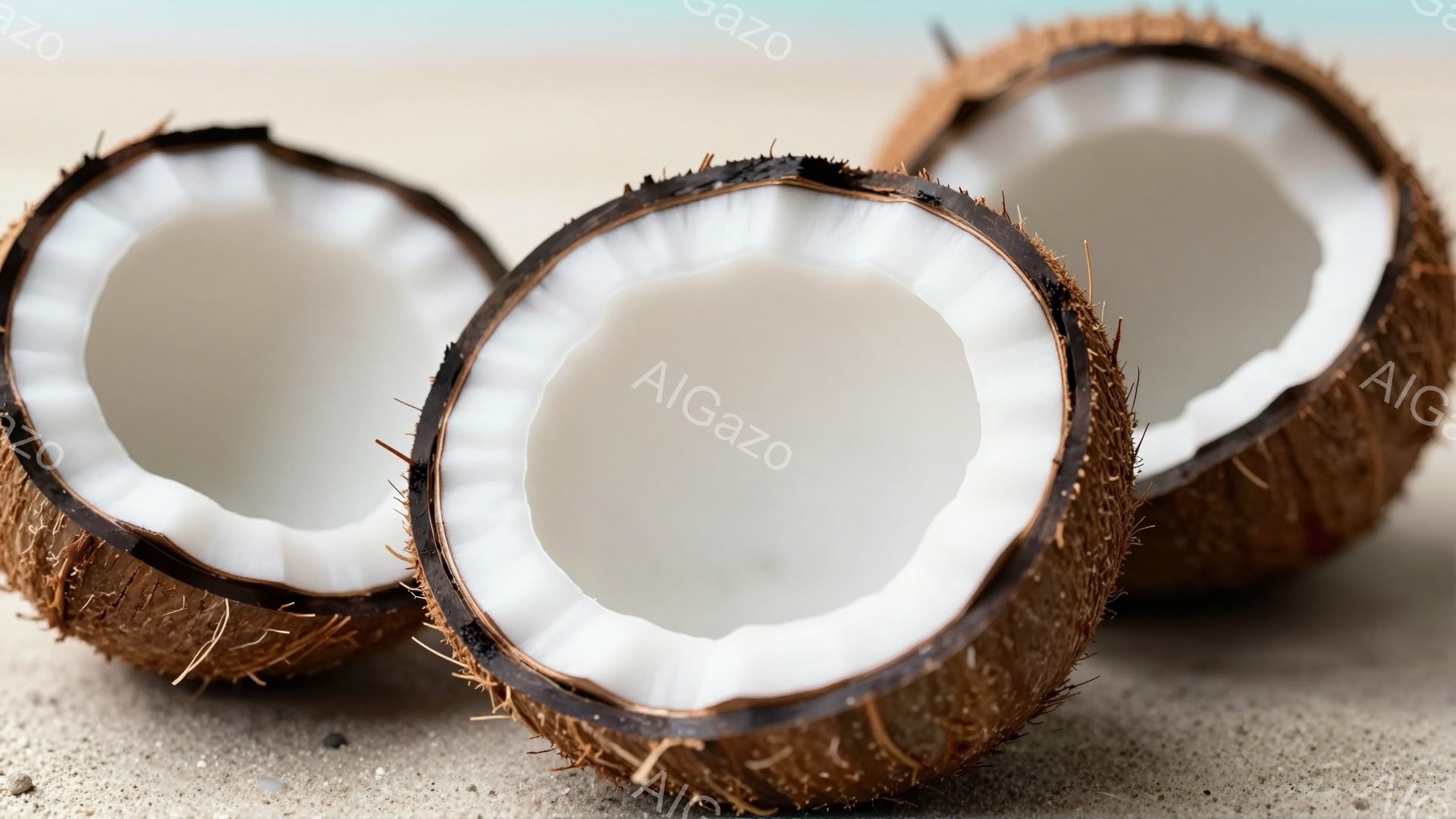 割られたココナッツが砂浜の上に三つ並んでいます。それぞれの断面は白く、繊維質の果肉が露出し、茶色の殻とのコントラストが鮮やかです。背景はぼやけた砂浜で、光沢のある砂がココナッツを照らし、熱帯の穏やかな雰囲気を醸し出しています。