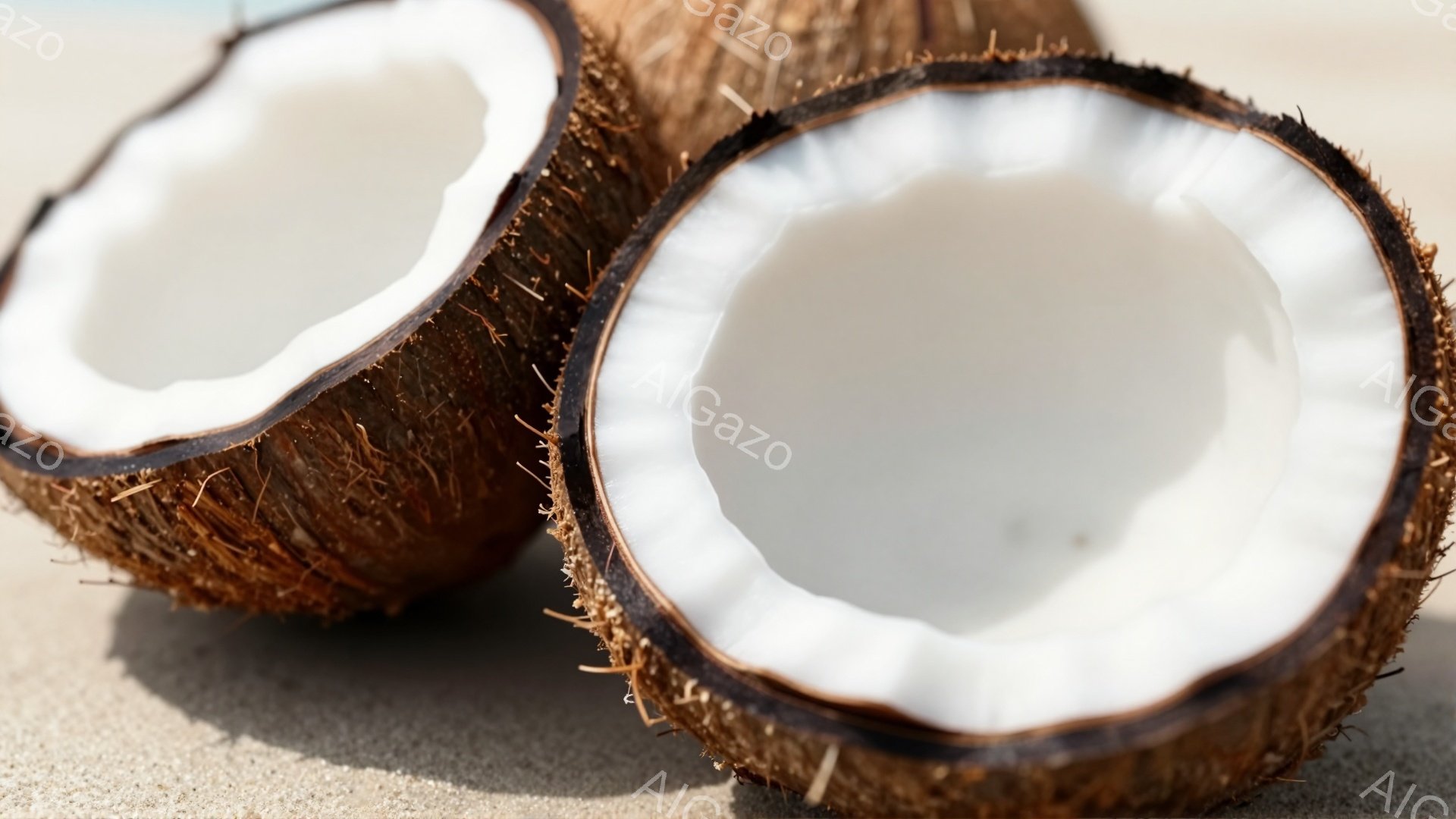 2つのココナッツが砂浜の上に横たわっている。ココナッツは割れて中身が見えており、白い果肉が鮮やかに映えている。背景はぼやけた砂浜で、全体的に熱帯の雰囲気が漂う。 - AI生成フリー素材