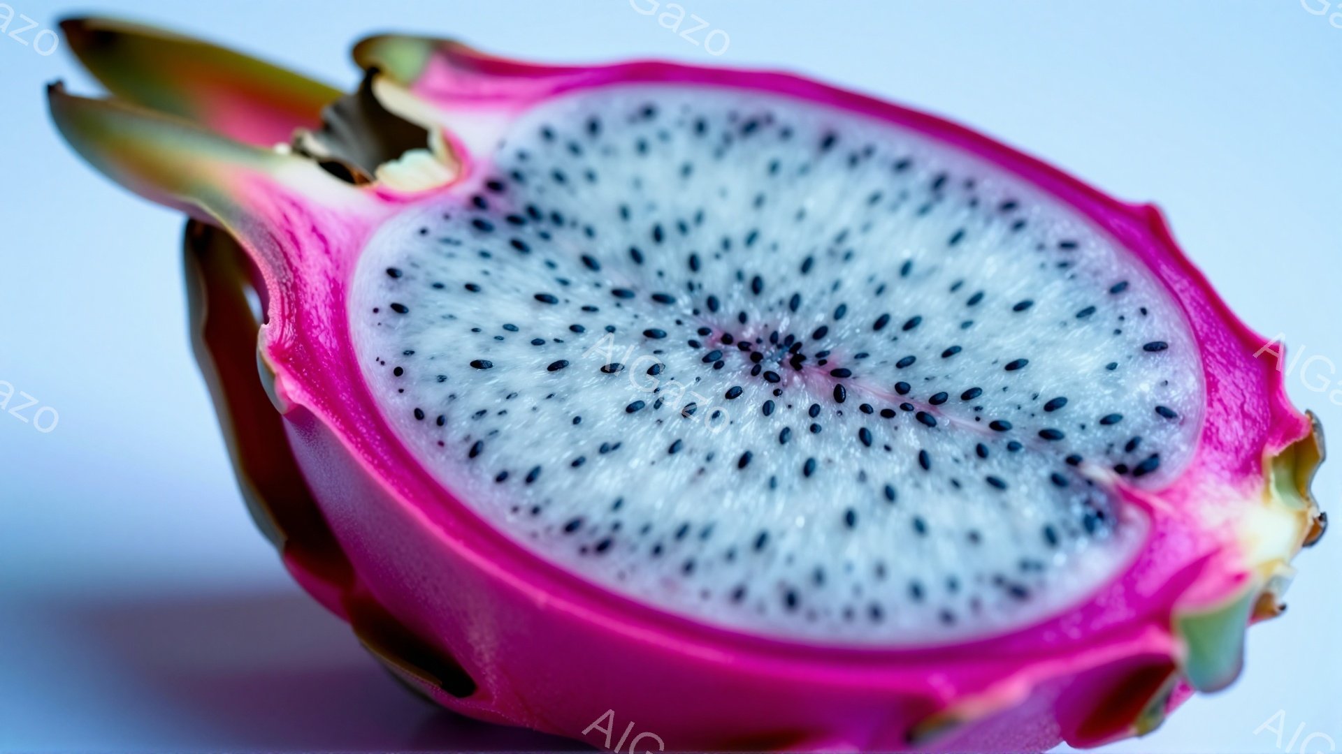 ドラゴンフルーツの断面が写っており、鮮やかなピンク色の皮と、白く小さな黒い種が散りばめられた果肉が印象的です。光沢のある皮はわずかに不規則な形状をしており、果肉の中心から放射状に種が広がっています。背 - AI生成フリー素材